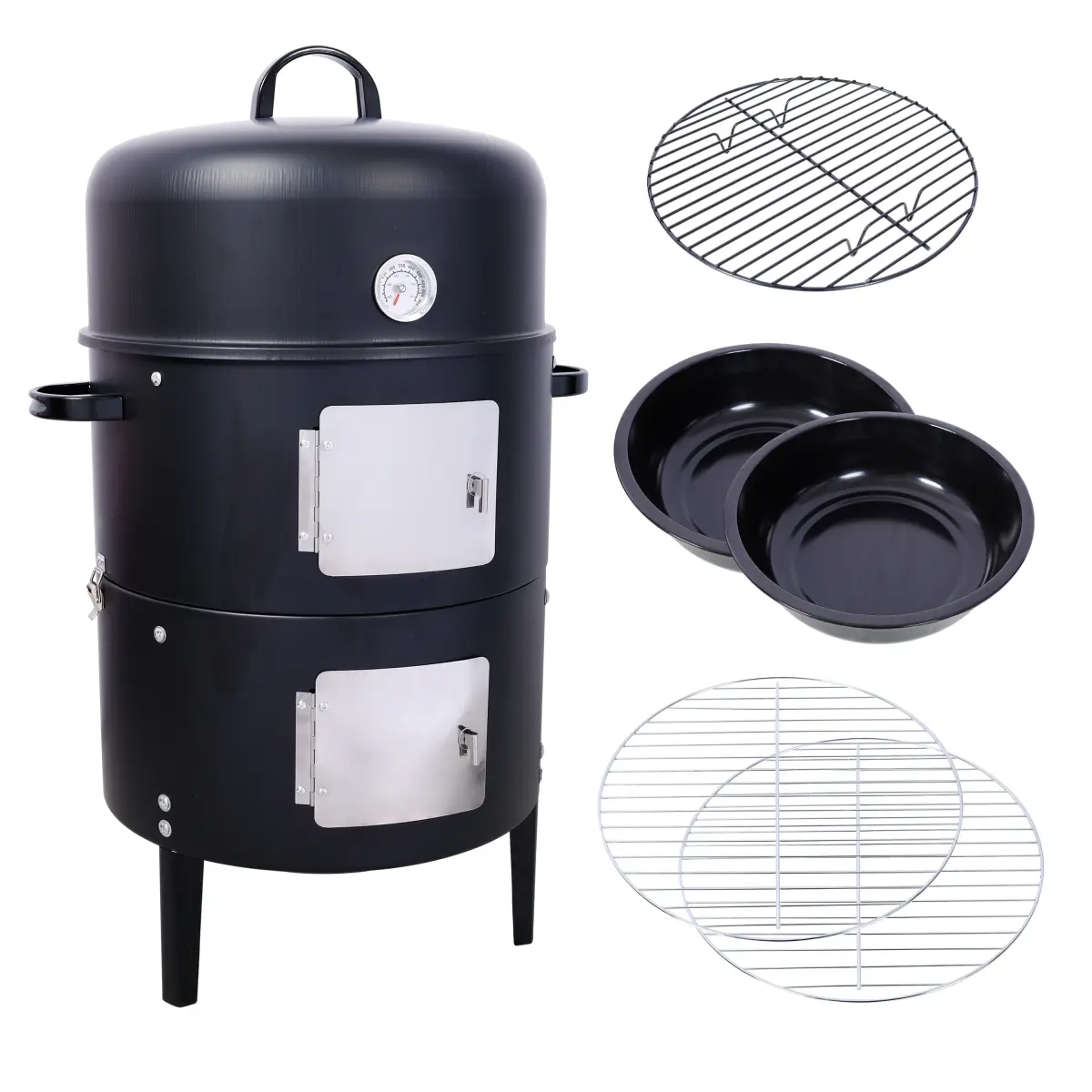 Aobtkel 17-in Steel Charcoal Smoker with Handles, Heavy-Duty Round BBQ Grill for Outdoor Food Cooking, Black