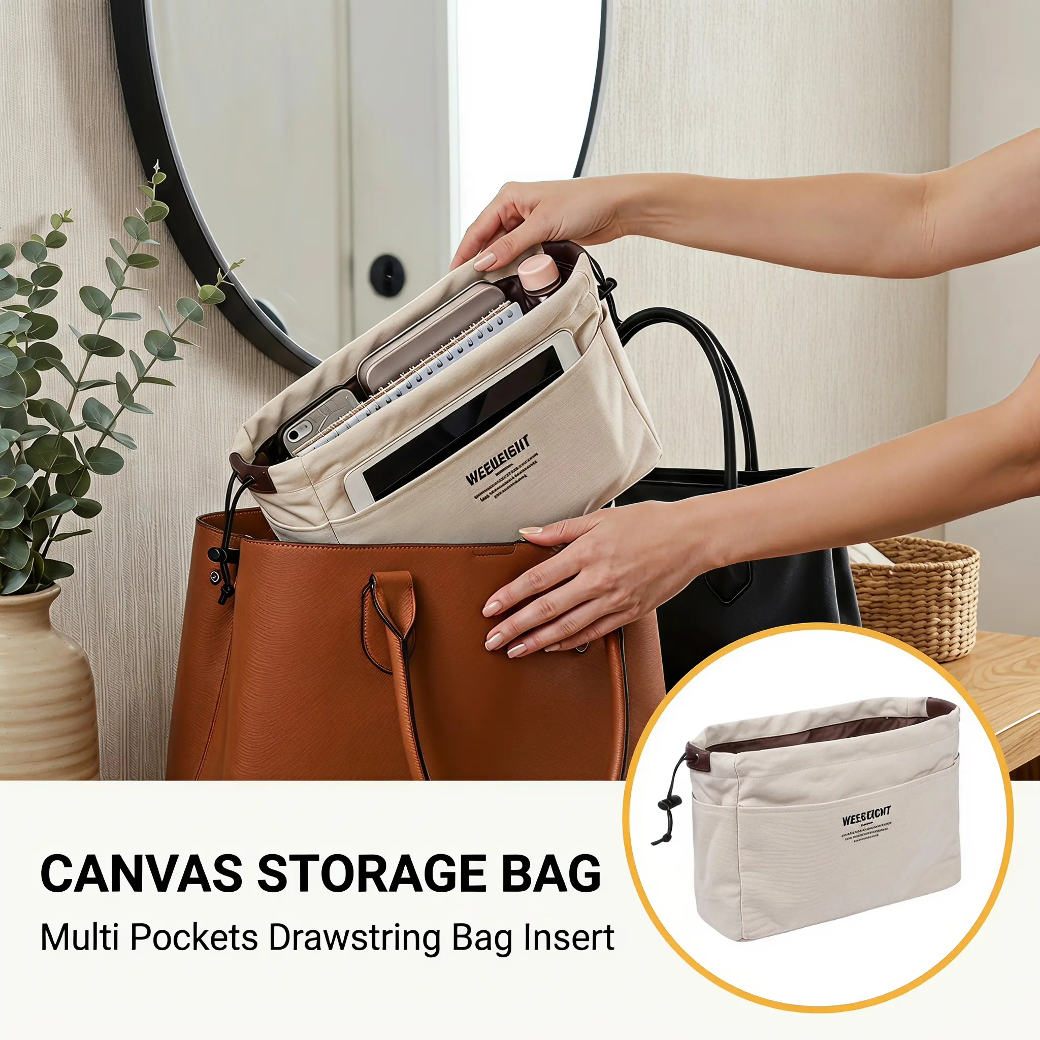 Lightweight Canvas Drawstring Organizer Bag, Large Capacity Travel Storage Bag for Cosmetics, Electronics & Accessories, Casual Style Storage Bag, Travel Organization Pouch, Travel Organizer Bags, Travel Pouches, Travel Essentials Carryall-YY0