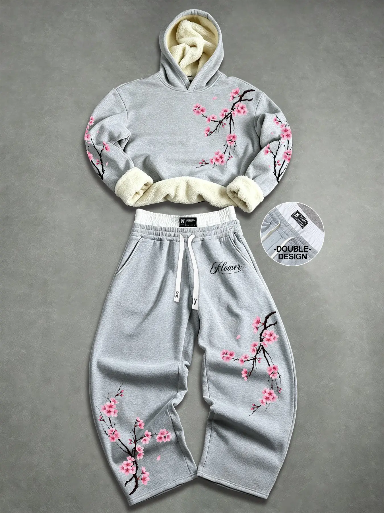 Cozy Winter Double Waistband Baggy Sweatpants and Sherpa Lined Hoodie Set - Pink Peach Blossom Print Casual Loungewear to Streetwear 2-Piece Tracksuit