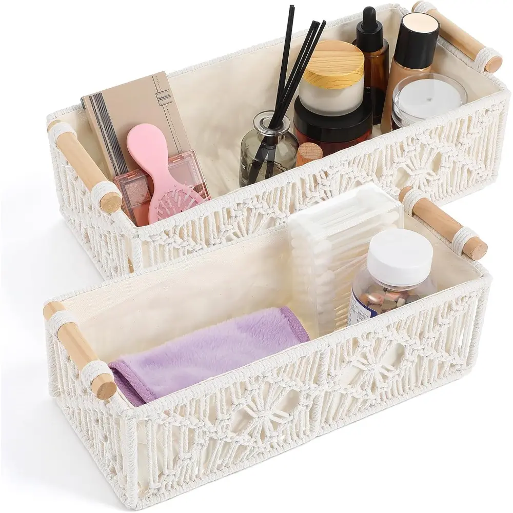 1pc Macrame Storage Basket, Handmade Boho Woven Organizer Bins with Wooden Handles for Bathroom Countertop, Toilet Tank, Bedroom & Home Decor