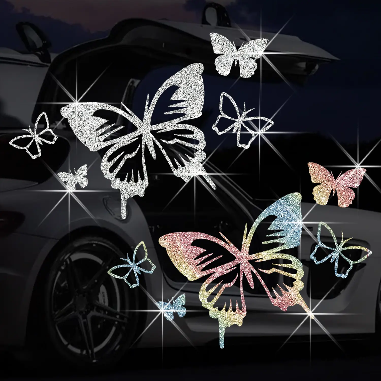 Glitter Butterfly Vinyl Decals, Colorful Waterproof Auto Decor for Car Windows, Bumpers, and Laptops - Self-Adhesive Gift for Women & Girls, Window Decal, Rainbow Glitter, Girl Car Accessories, Car Accessories For Women