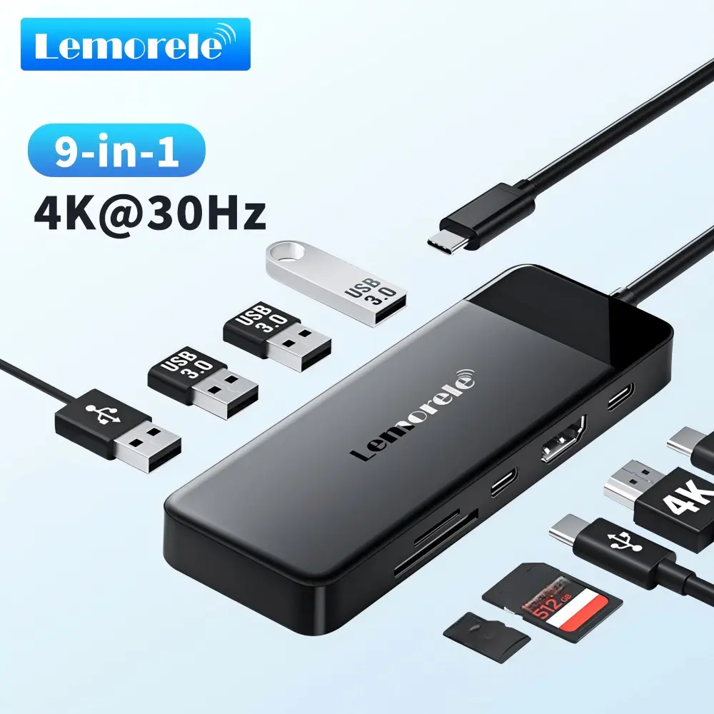 Lemorele TC92 9 in 1 USB C Hub Docking Station, 4K@30Hz HDMI Adapter with 100W PD Fast Charging, USB 3.0 5Gbps SD/TF Card Reader, Type C Dock for Laptop MacBook Switch
