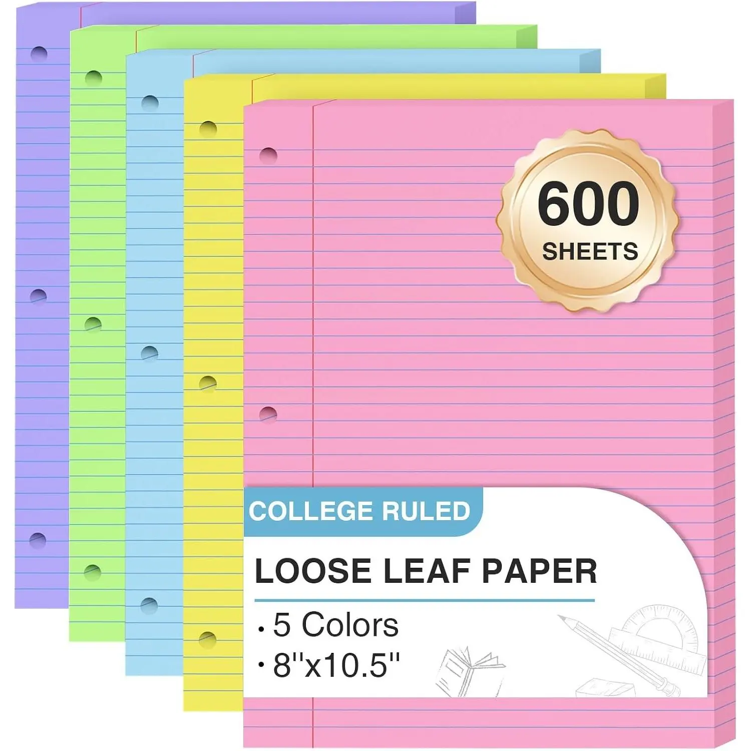 600 Sheets Loose Leaf Paper 8 x 10.5, 5 Colors Lined Paper College Ruled, 3 Ring Binder Paper 120 Sheets/Colors, 3 Hole Punched Notebook Paper 8 x 10.5, Colored Filler Paper for Office, School, HomeGift