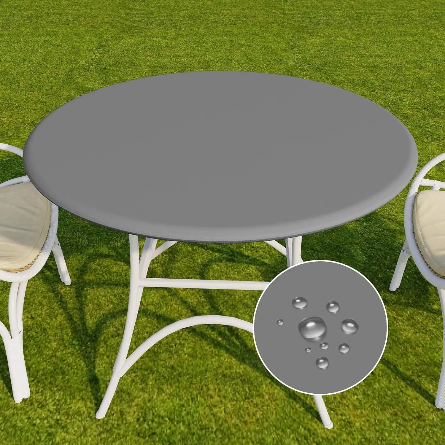 Round Vinyl Tablecloth, 100% Waterproof Elastic Fitted Table Covers for 36"- 44" Tables, Wipeable Flannel Backed Plastic Table Cloths for Picnic, Camping, Outdoor - Grey