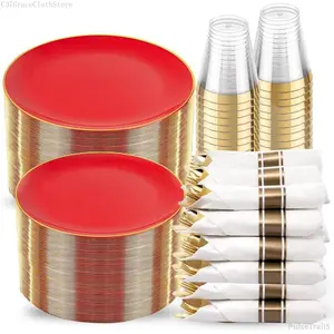 350PCS Red Plastic Plates - Heavy Duty Red Plates Disposable - 50Guest Christmas Dinnerware Include 50Dinner Plate,50Dessert Plate,50Pre Rolled Napkins with Silverware for Christmas&PartyPulseTrail5C37GraceClothStore
