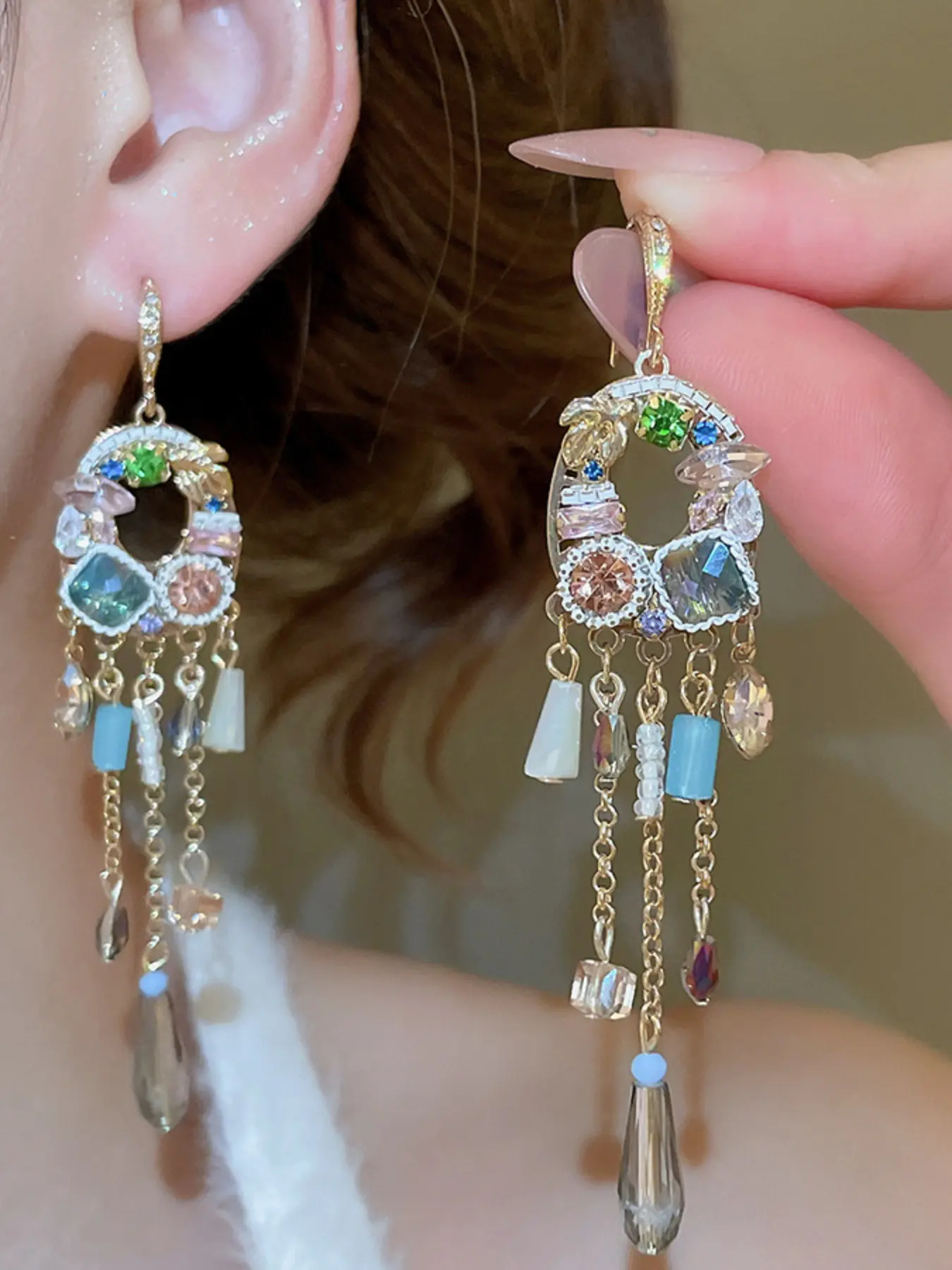 Bohemian Dangle Earrings for Women, Multicolor Crystal Rhinestone Beaded Fringe Long Earrings, Vintage Hook, Party & Gift Jewelry