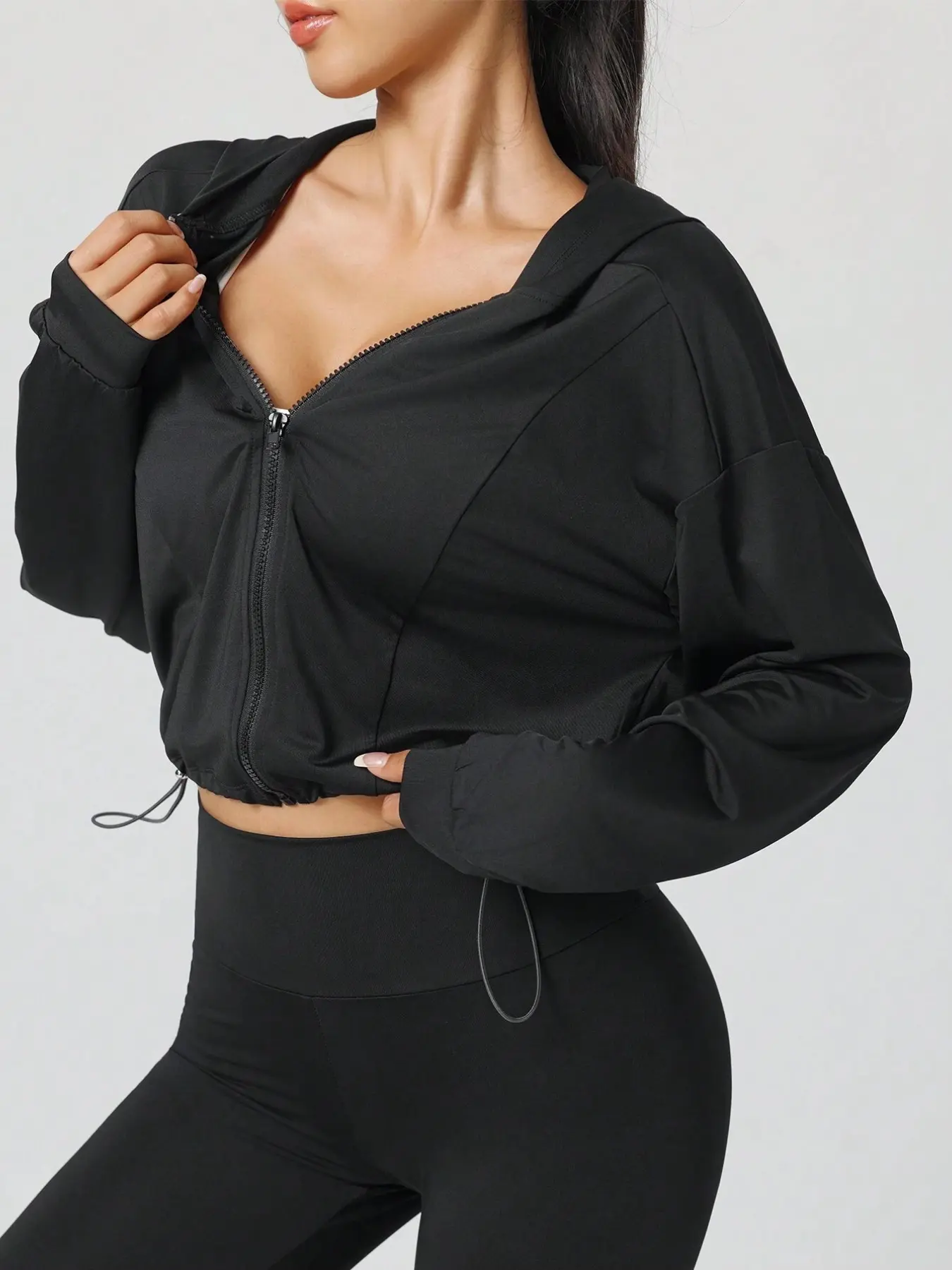 Women's Plain Hooded Full Zipper Short Sport Jacket, Adjustable Waist Drawstring, Gym Running Cycling Outdoor Daily Wear, Running Jackets, Workout Jacket