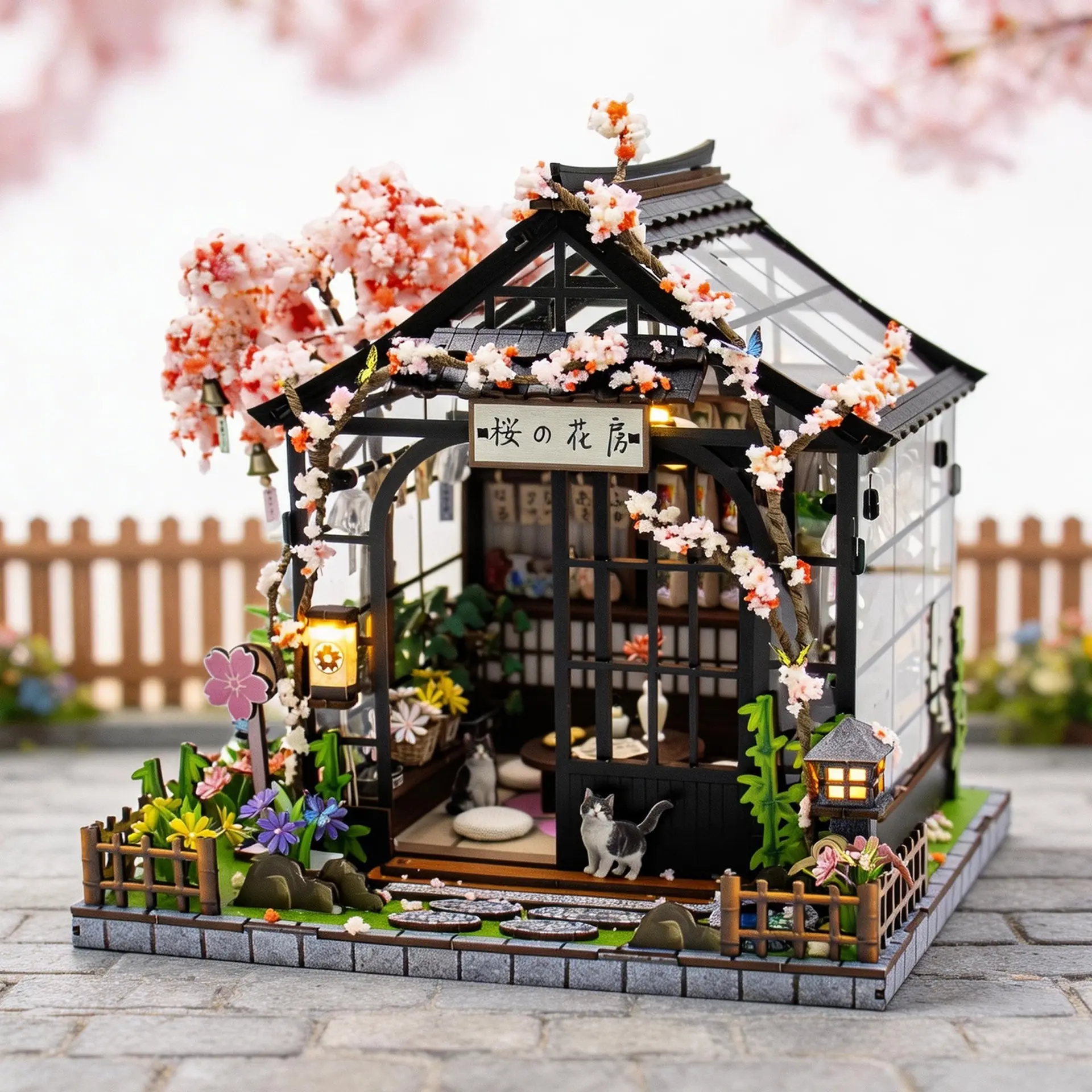 DIY Miniature House Kit, DIY Building Model, Spring Sakura Greenhouse Miniature Dollhouse Kit with Dust Cover, Mini House Building Kit Book Nook for Adult, Creative Bookshelf Decoration & Unique Gift, Wooden DIY Kit