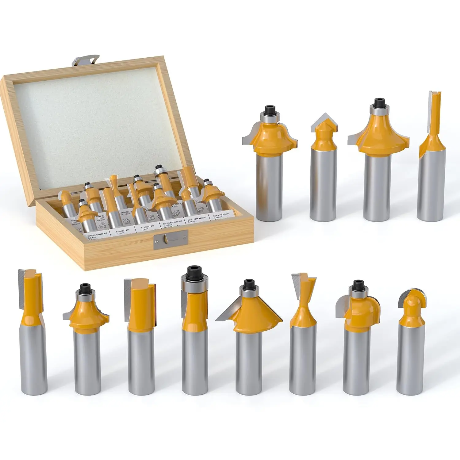 12 count Tungsten Carbide Router Bit Set 1/2 Inch Shank | Beginners Woodwork Tools, Including Dovetail, Chamfer, Straight, Over Round, 90 V Grooving, Raised Panel Router Bit