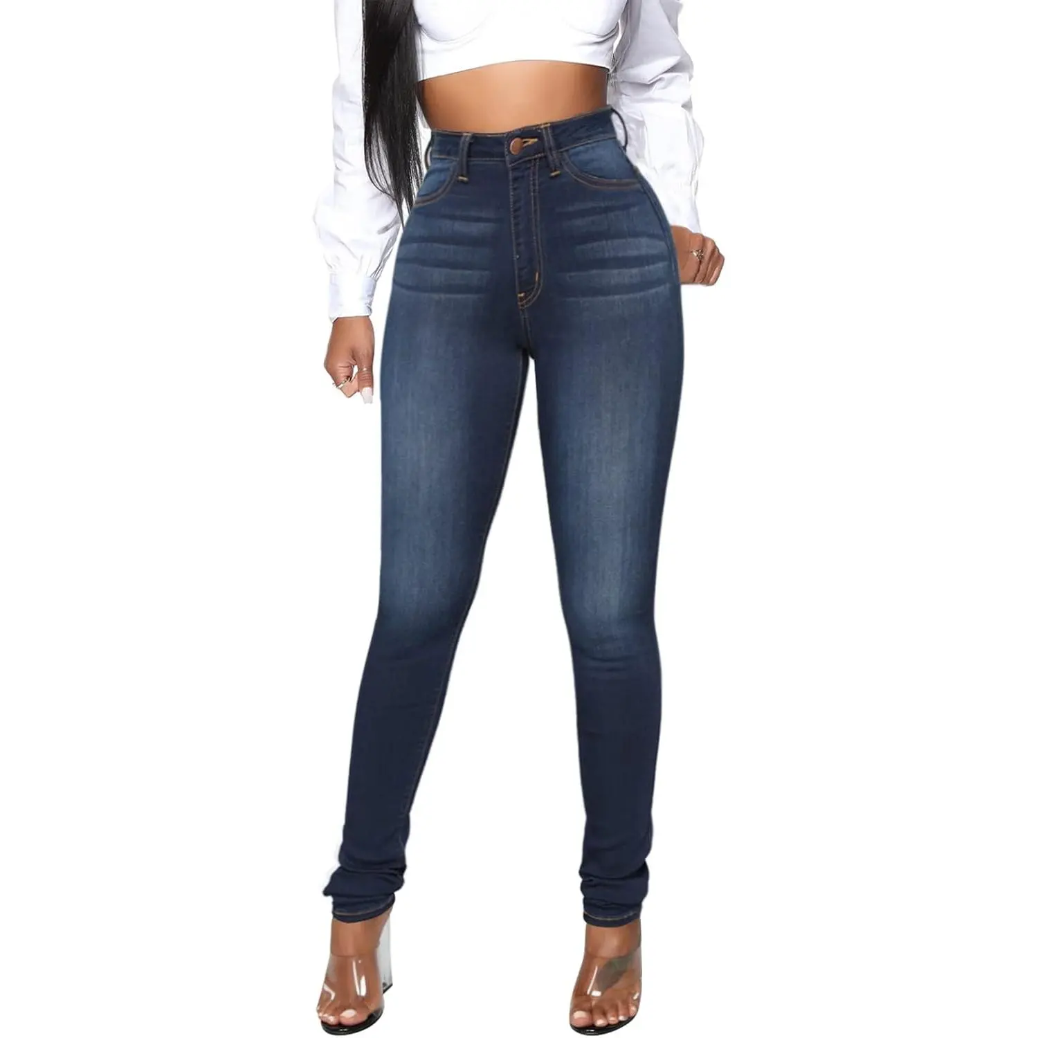 Female High-Waisted Skinny Stretch Denim Jeans Pants, Slim-Fit for Casual Wear, Daily Outfits & Work Occasions, Multi-Size