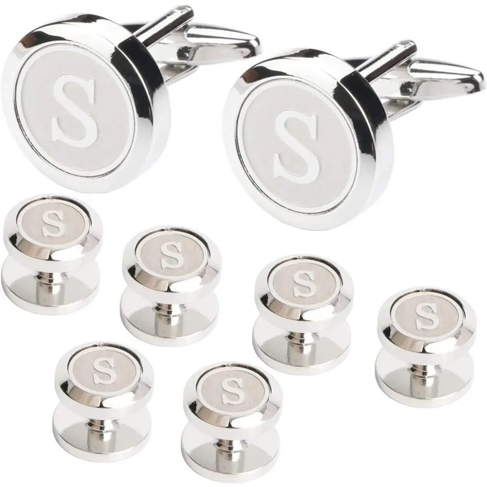 Mens Cufflinks and Studs for Tuxedo Shirts Business Wedding Initials Alphabet A-Z Gift Set