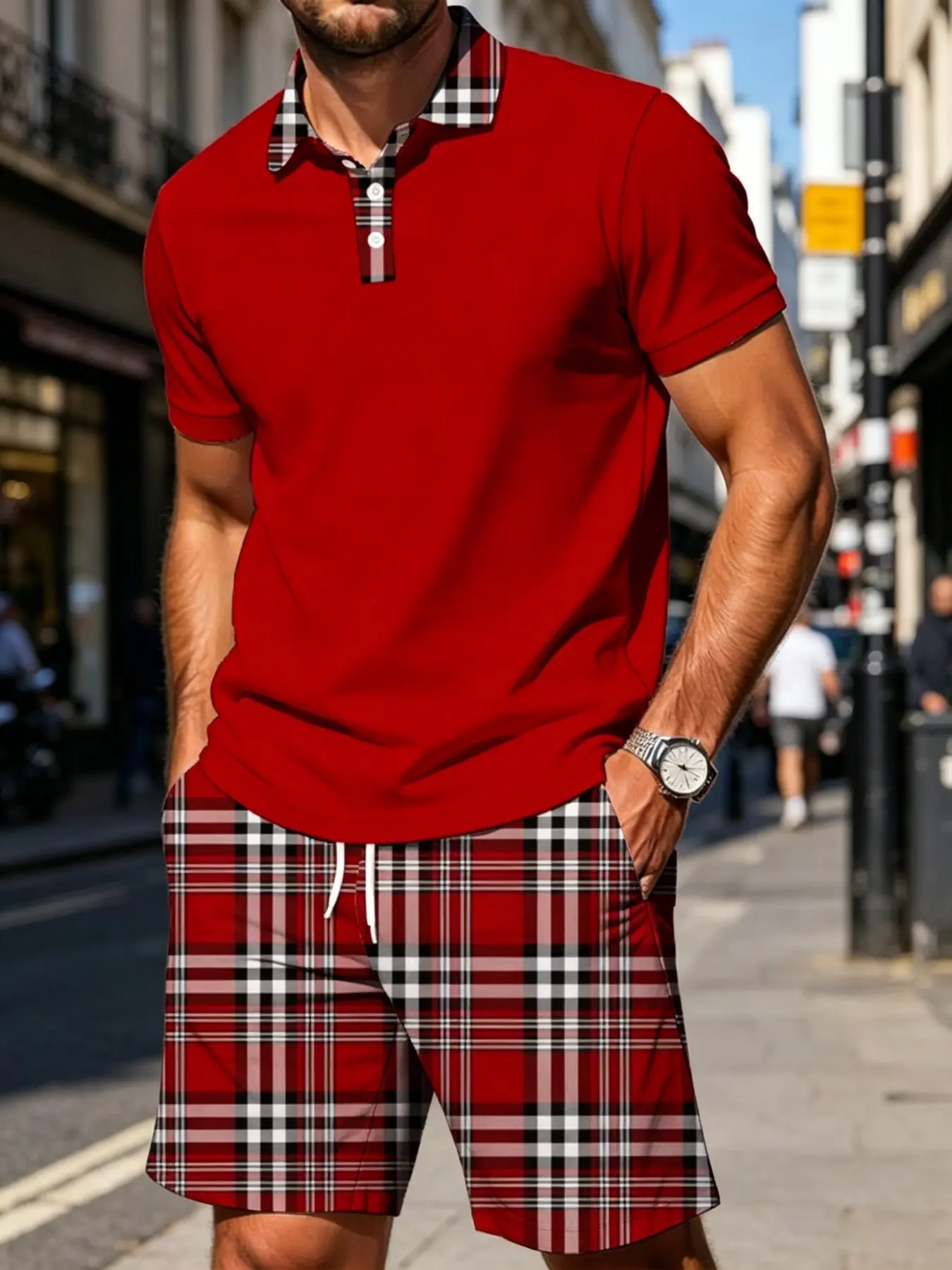 Summer Men's Plaid Patchwork Matching Sets, Plaid Collar Polo Shirt + Plaid Shorts, Casual Two-Piece, Casual Style Set, Pocket, Drawstring Waist, Gift Idea