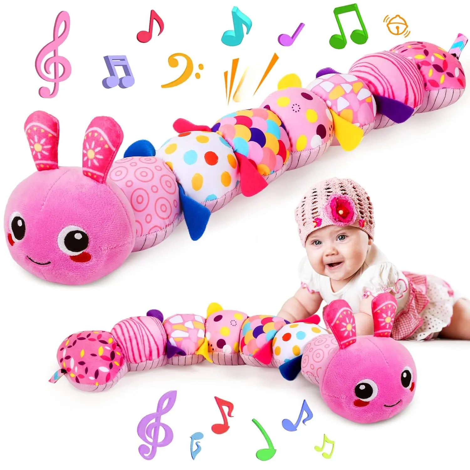 Baby Sensory Caterpillar Toys  0-6 6-12 Months, Soft Plush Activity Toy with Crinkle, Rattle & Gentle Music, Tummy Time Toy  Infant Newborn, Early Development Toy Shower Gifts  Baby
