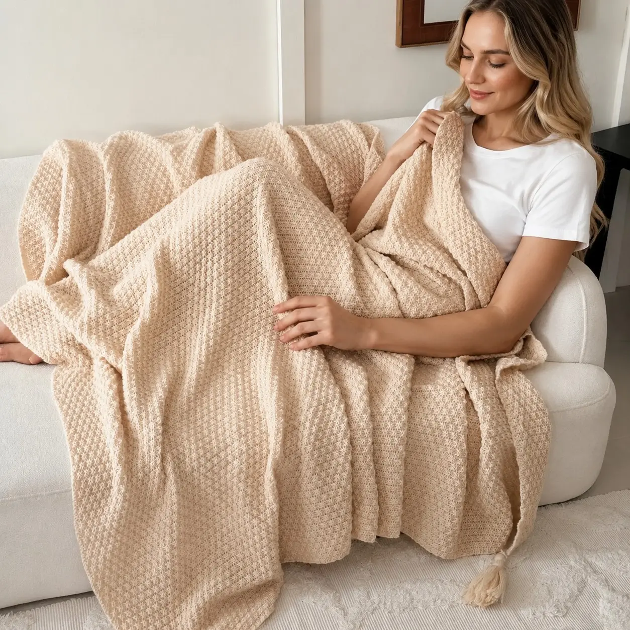 1pc Beige Knit Throw Blanket with Tassel Edge, Soft Textured Woven Blanket, Cozy Sofa Blanket for Bed, Living Room & Bedroom Decor, Lightweight All Season Home Blanket