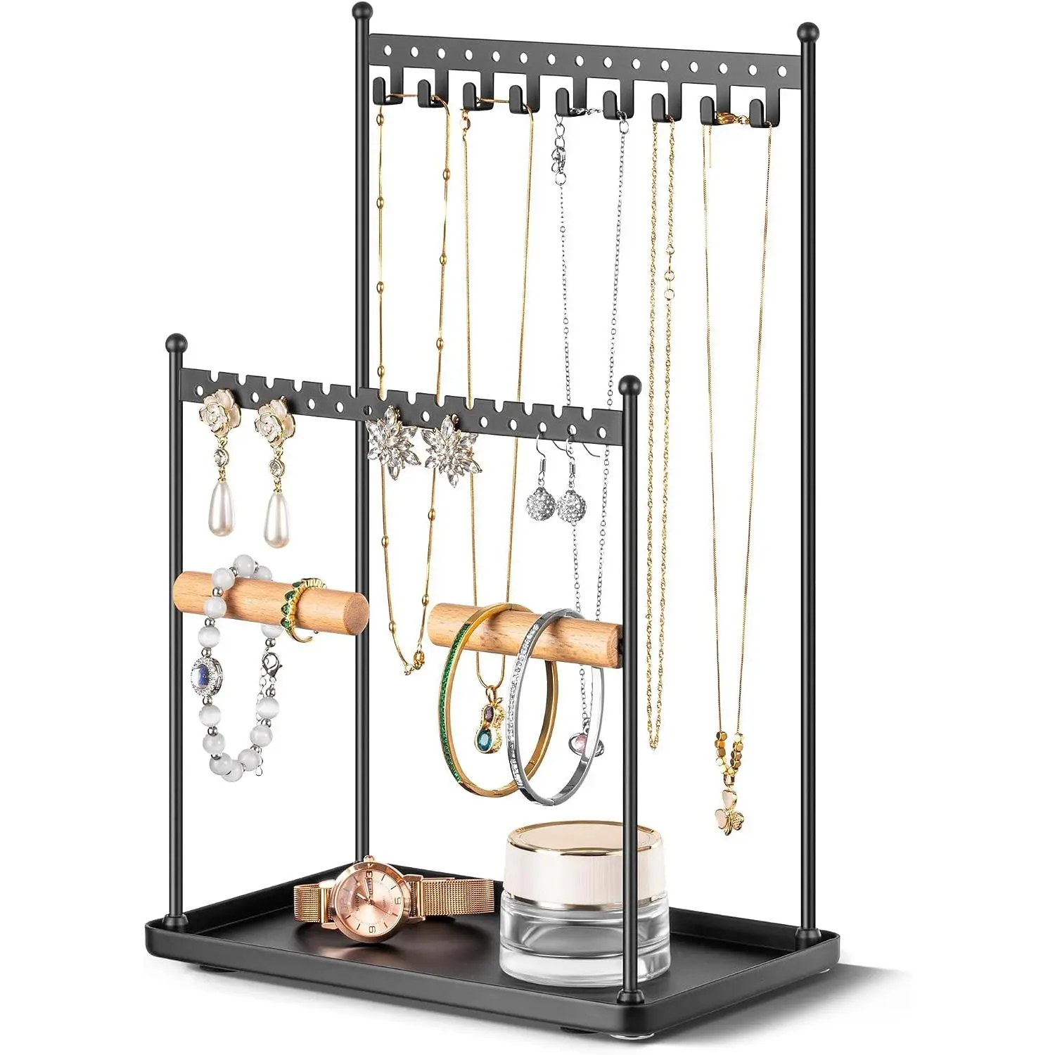 3 Tier Black  Stand, Necklace Organizer, Earring Holder with 44 Holes and 9 Hooks, for Necklaces, Bracelets, Rings