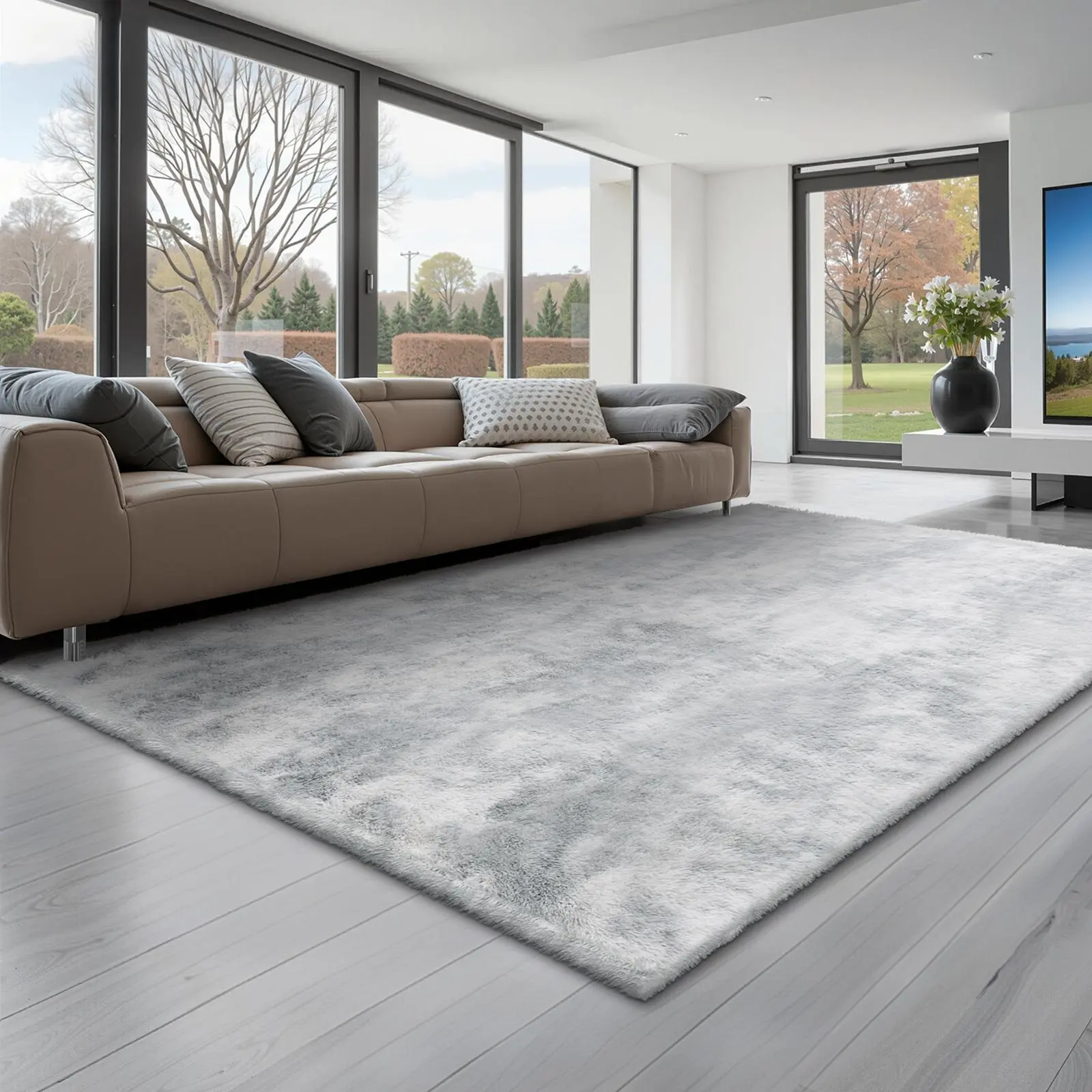 VEVOR Indoor Plush Area Rugs, 6 x 9 ft Soft Plush Carpet, Furry Shag Area Rugs for Living Room, Bedroom, Modern Home Decor Aesthetic Long-Pile Rug, Non-Shedding, Slip-Resistant, Tie-Dye Light Gray