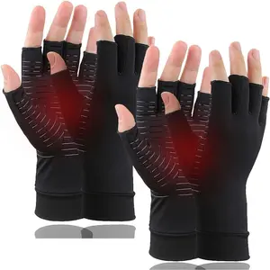 2-Pair Copper Fingerless Compression Sports Gloves - Medical Accessories, Universal Support, Stretch Fit for Pain Relief, Arthritis, Carpal Tunnel (Black, Medium)