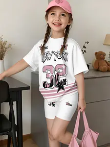 Size 32 Star and Flame Letter Print, Streetwear/Sports Style, American-Style Flame Number Set for Girls Ages 3-9, Stretchy and Comfortable Fabric, Perfect for PE Class and Family Camping