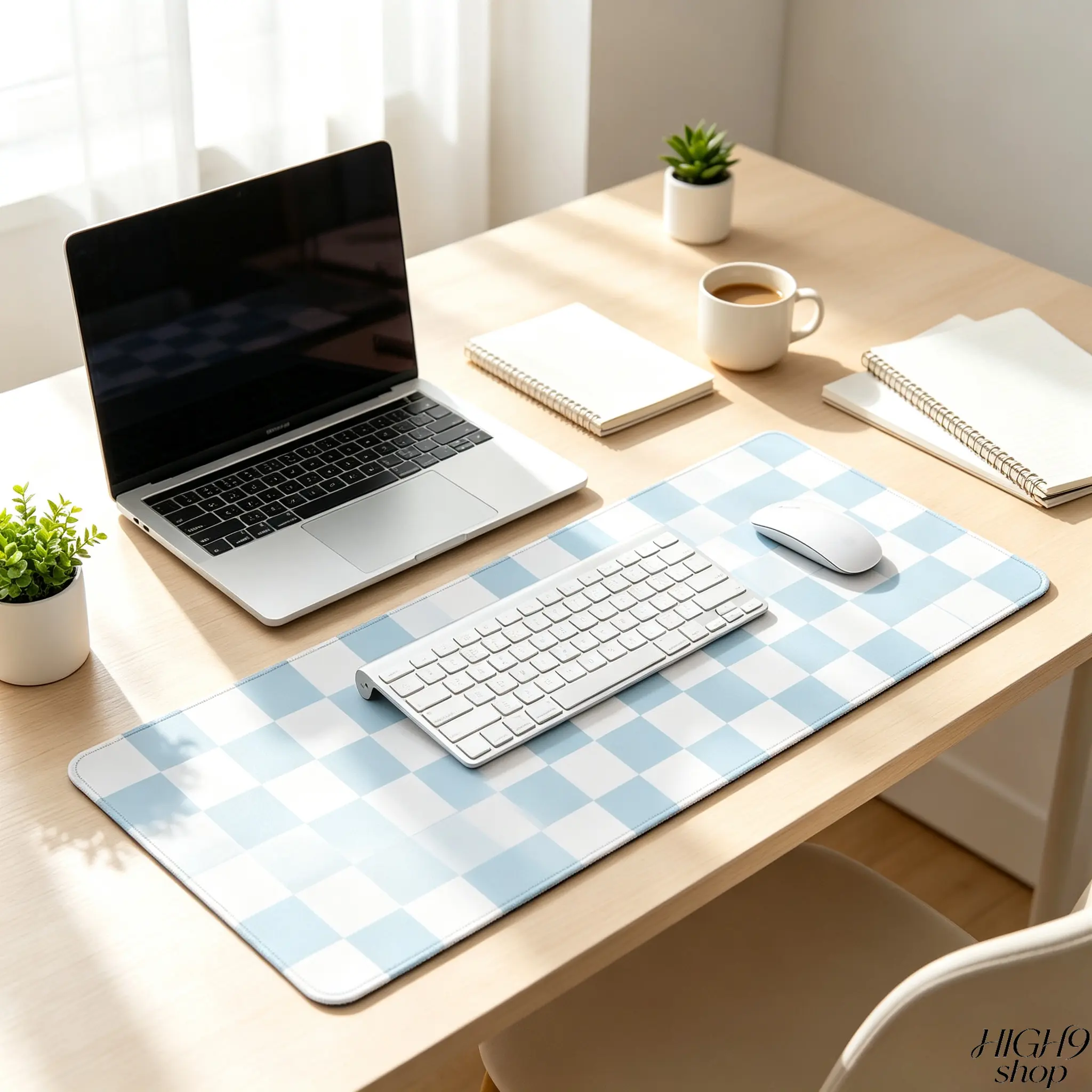 Pastel Blue White Checkerboard Extended Gaming Mouse Pad - Non-Slip Rubber Lock Edge Large Desk Mat, Minimalist Aesthetic Desktop Protector with Multi Sizes for Home Office Gaming