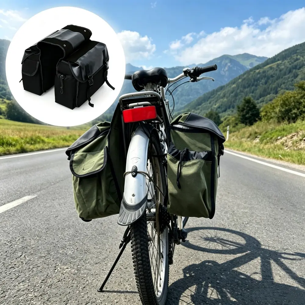 Bicycle Rear Rack Double Side Pannier Storage Bag With Multi Pocket Large Capacity Compartments, Water Resistant Canvas Cycling Luggage Carrier Bag For Long Distance Tour Daily Commute Mountain Road Bike Outdoor Riding