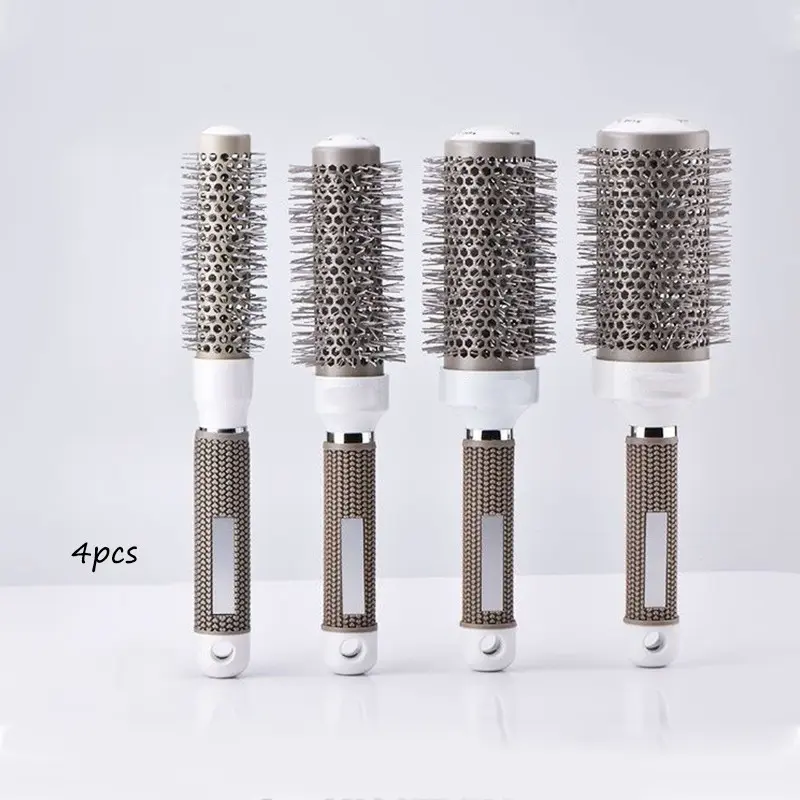 4pcs Roll Comb Set, Hair Styling Round Tube Comb, Nylon Curling Brush, Ceramic Aluminum Pipe Comb, Air Curling, Comb Design, Salon Style, Hair Styling Combs