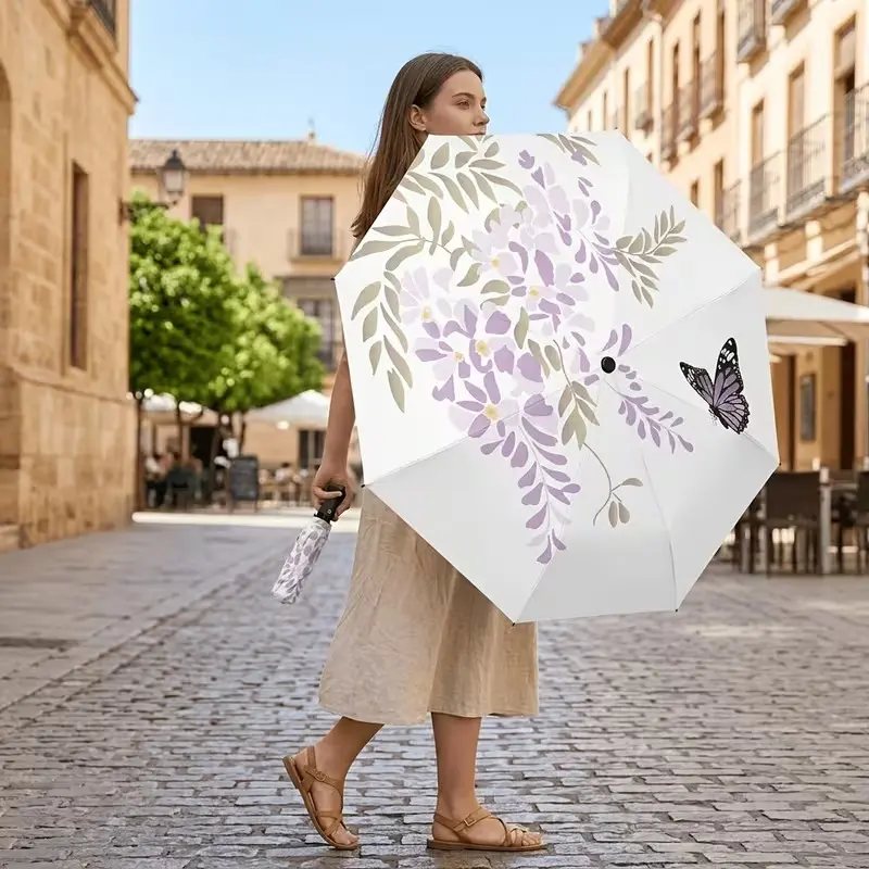 Wisteria Butterfly Automatic Folding Umbrella, Lightweight Compact Travel Umbrella, 8-Rib Strong Frame, Unisex, Portable Outdoor Accessory