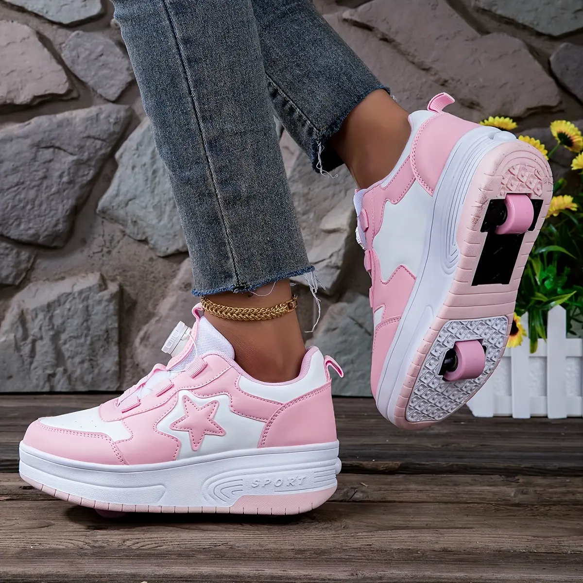 Girls' Pink Detachable-Wheel Roller Skate Shoes with Rotating Button Closure, All-Season Kids' Trainers, Holiday Gift, Detachable Wheels, Casual Trendy Trainers, Fashionable Skate Shoes