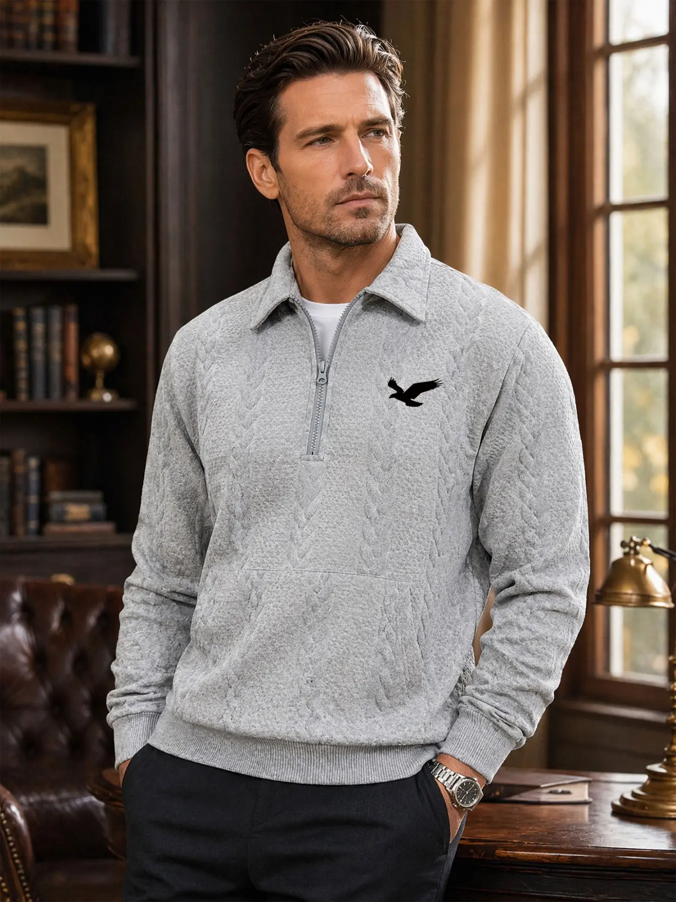 Men's Half-Zip Hooded Knitwear, Vintage Casual Pullover Sweater, Long Sleeve Golf Top, Perfect for Leisure, Outdoor, Sports