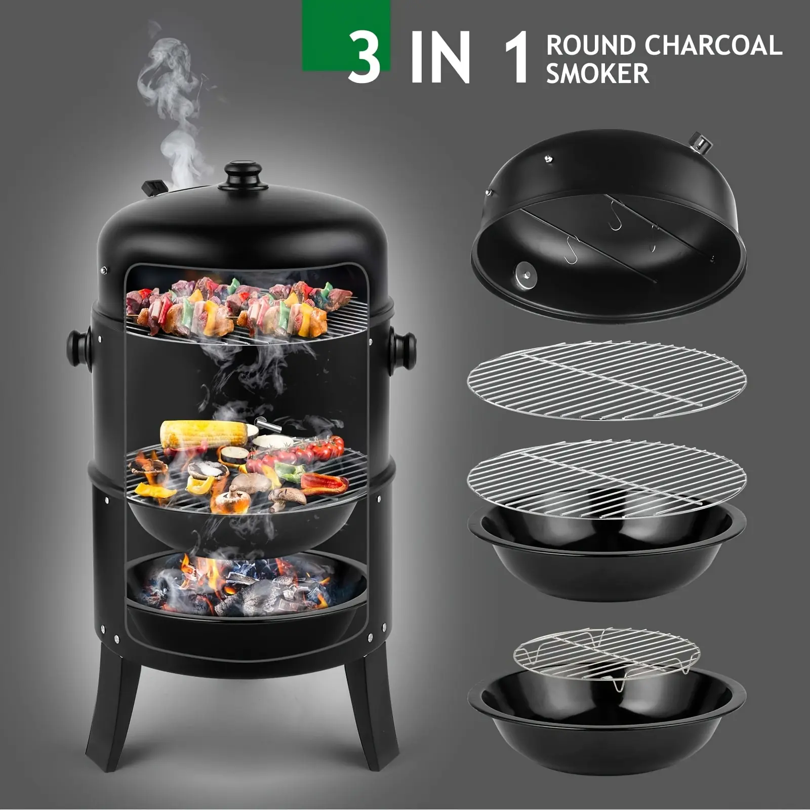 [Father's Day Gift] 3-In-1 Portable Charcoal Smoker Grill with Built-In Thermometer, Adjustable Height BBQ Grill & Fire Pit, Large Cooking Grate, Charcoal Grill Outdoor Grill for Camping, Backyard, Tailgating, Father's Day Gift for Dad, BBQ Gifts for Men