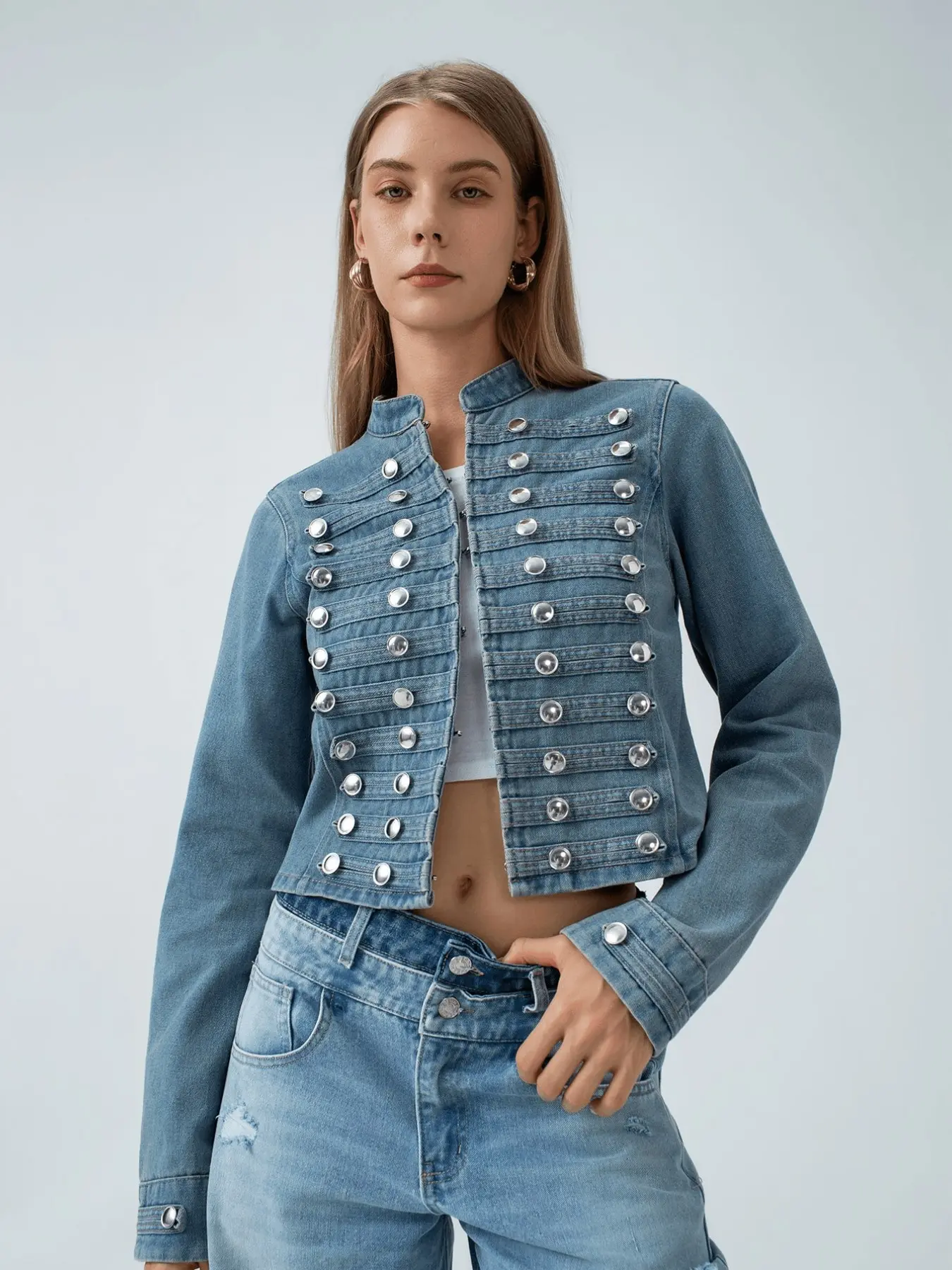 Women's Punk Style Loose Denim Jacket, Stand Collar Metal Buttons, Short Design, Casual Streetwear, Perfect for Daily and Dates