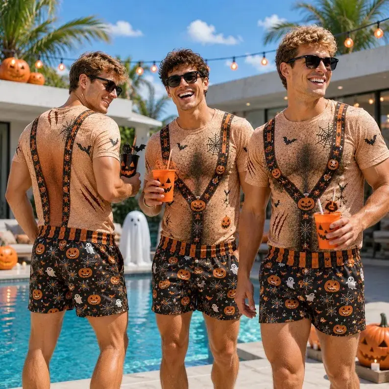 Halloween 3D Print Suspender Costume T-Shirt, Funny Choose Skin Tone Bachelor Party Outfit for Men, Halloween Gift