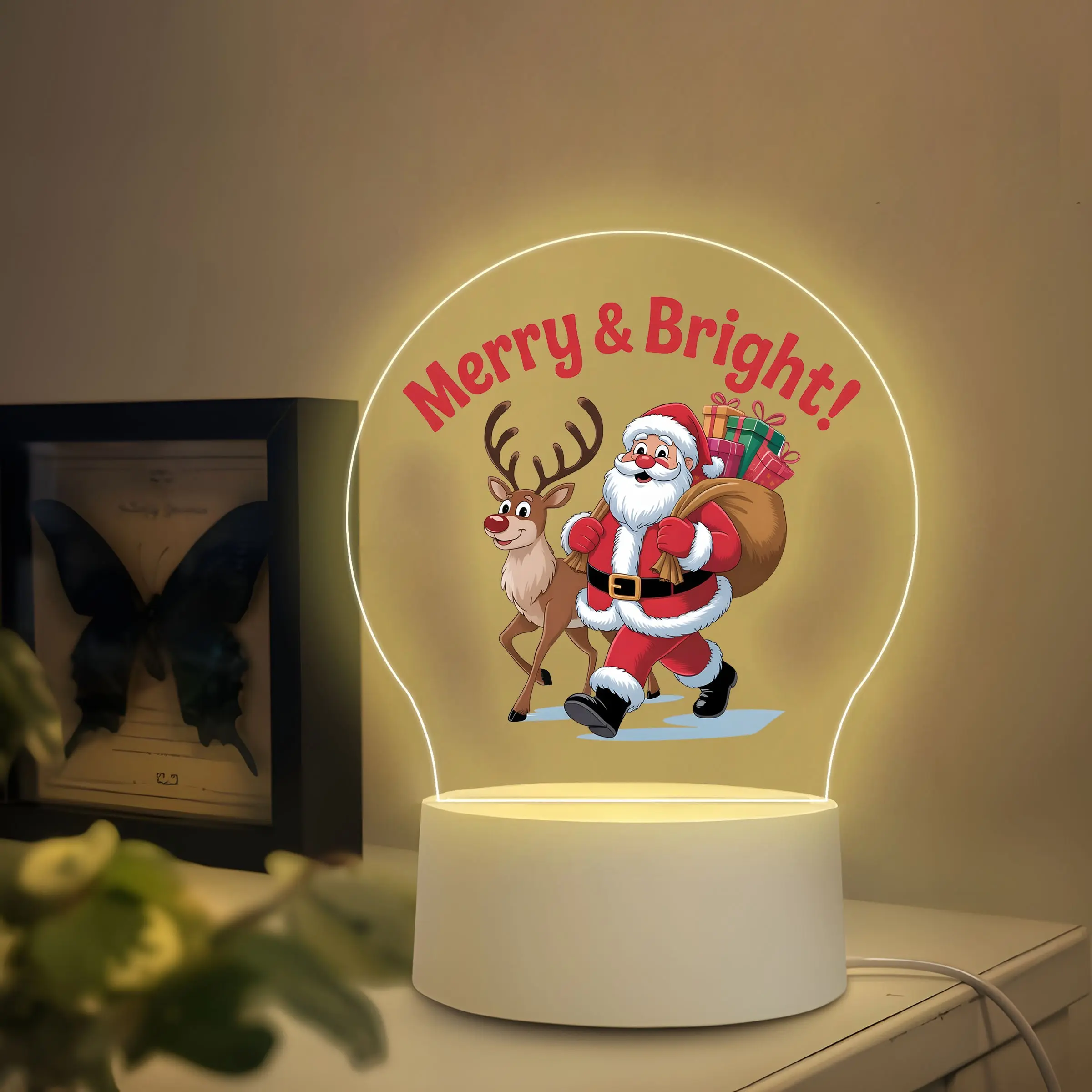 Merry & Bright Santa Reindeer Gift Bag Acrylic Night Light, Winter Snow Christmas LED Desk Lamp, Farmhouse Xmas Bedroom Decor Gift