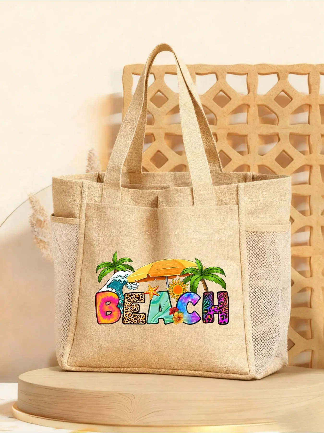 Handbag and Pouch Set, Beach Style Colorful Letter Print, Portable Makeup Bag, Wedding Bridesmaid Gift, Holiday Essential