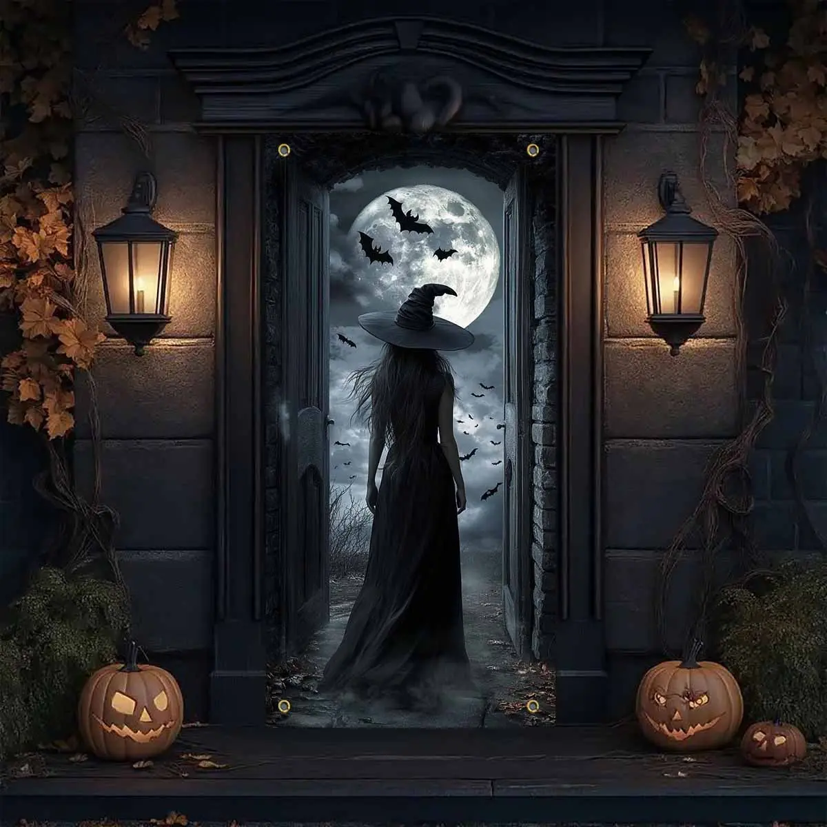 2D door flag: 1 piece of door cover printed with the pattern of a witch and bat in moonlight. 2D door curtain flag. Halloween party flag. Made of polyester material. Suitable for hanging decoration in homes, courtyards, and indoor and outdoor parties.