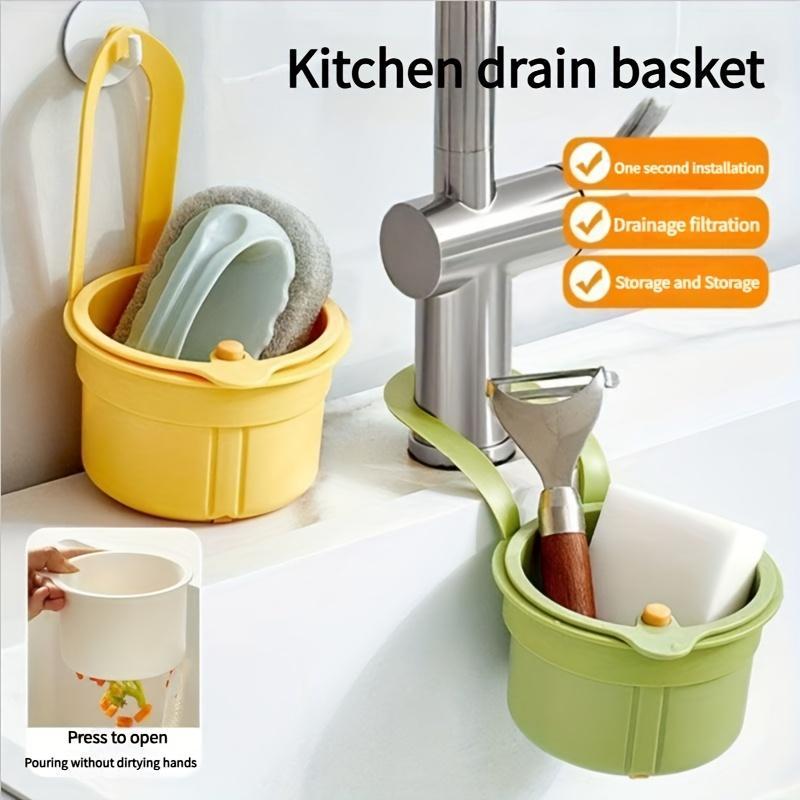 Multi-Function Hanging Kitchen Sink Basket with Button Drain and Storage Design, Easy One-Second Installation, Durable Plastic for Kitchen and Bathroom Organization, Hangable Filter, Kitchen Sink Strainer