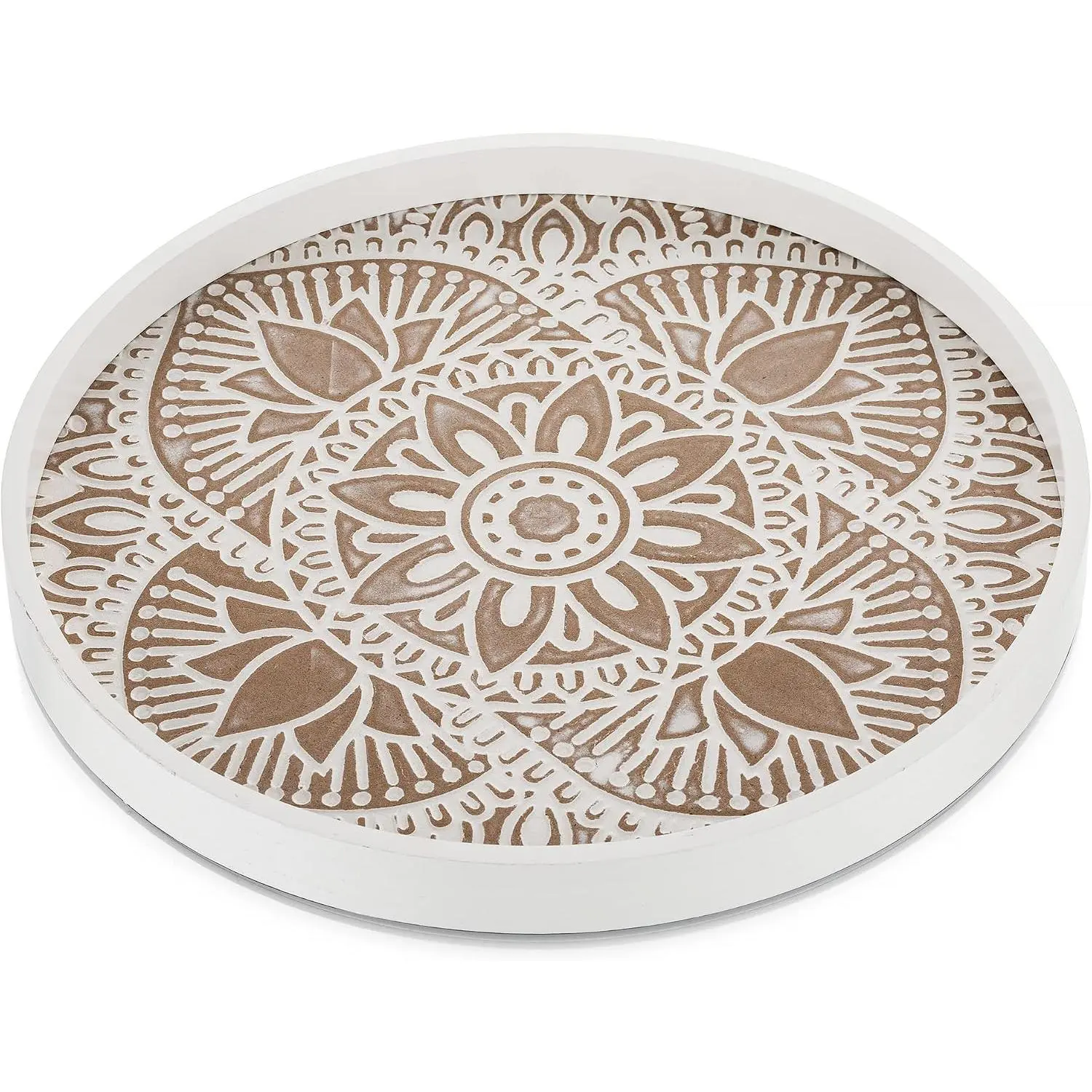 Boho White Mandala Decorative Round Serving Tray - Rustic, Traditional, Modern Synthetic Durable Tray for Living Room, Kitchen Display (Home & Bathroom Supplies)