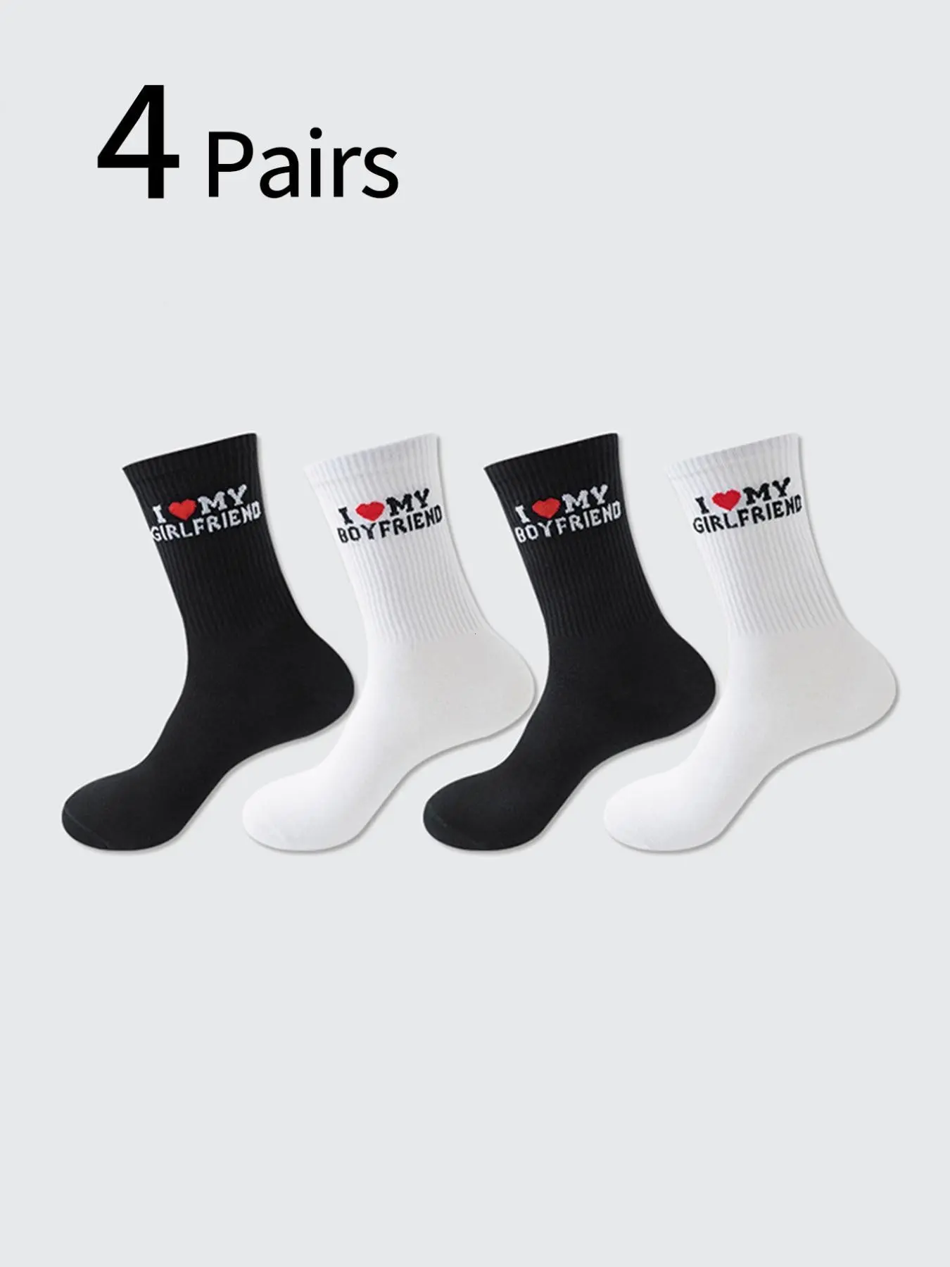 4 Pairs Letter Embroidered Crew Socks, Soft Knit Ankle Socks, Casual All-Season, Teen Campus Sports, Couples Socks