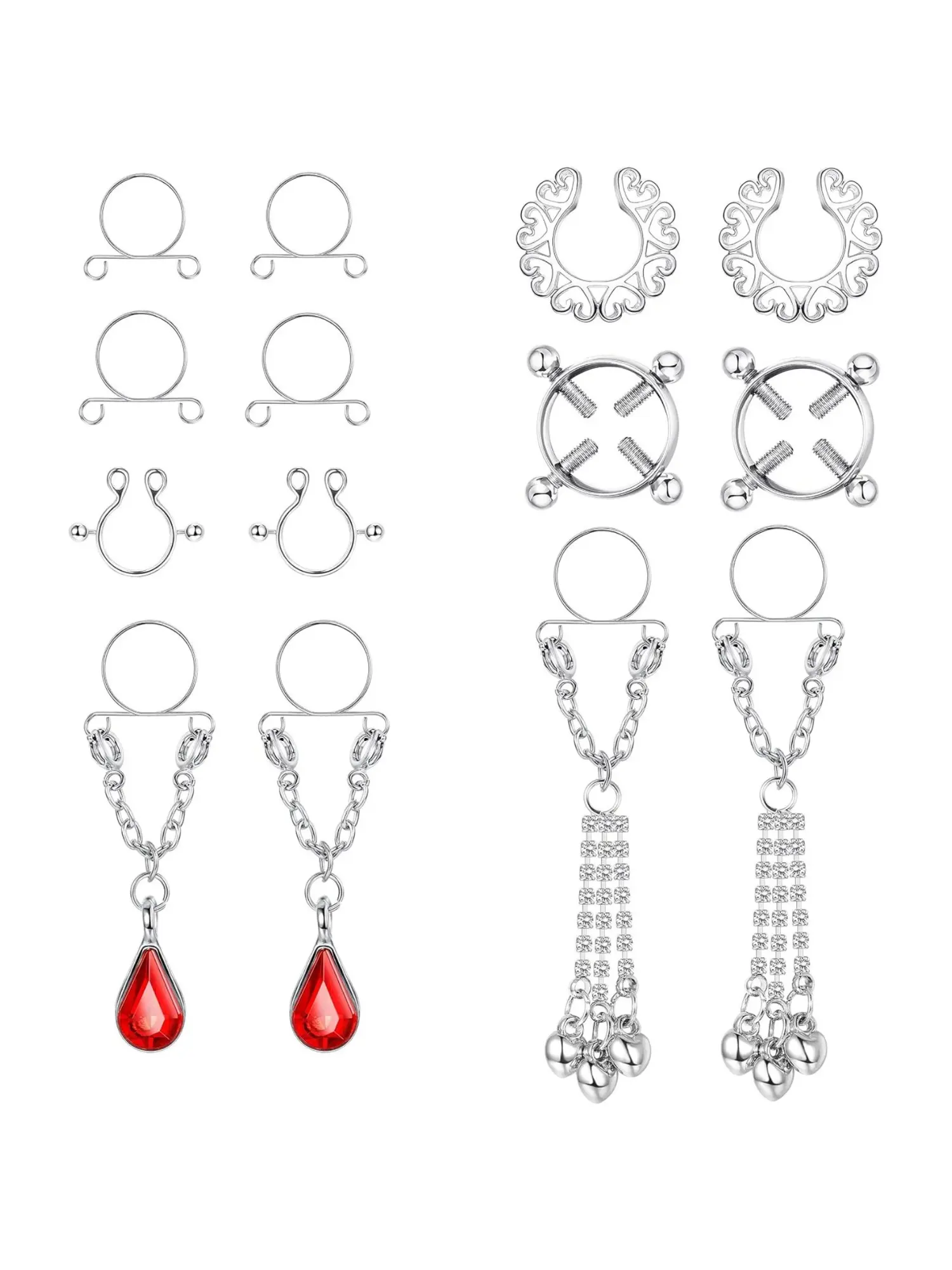 14 Pcs Edgy Gothic Non-Pierced Nipple Decor Bundle for Women Men Body Mod Fans Customizable Nipple Clamp Piercing Ornament Multipack with Sturdy 316L Stainless Steel Solid Zinc Alloy Framework Full-variety Adjustable Nipple Clamp Set Bold Unique Body Look