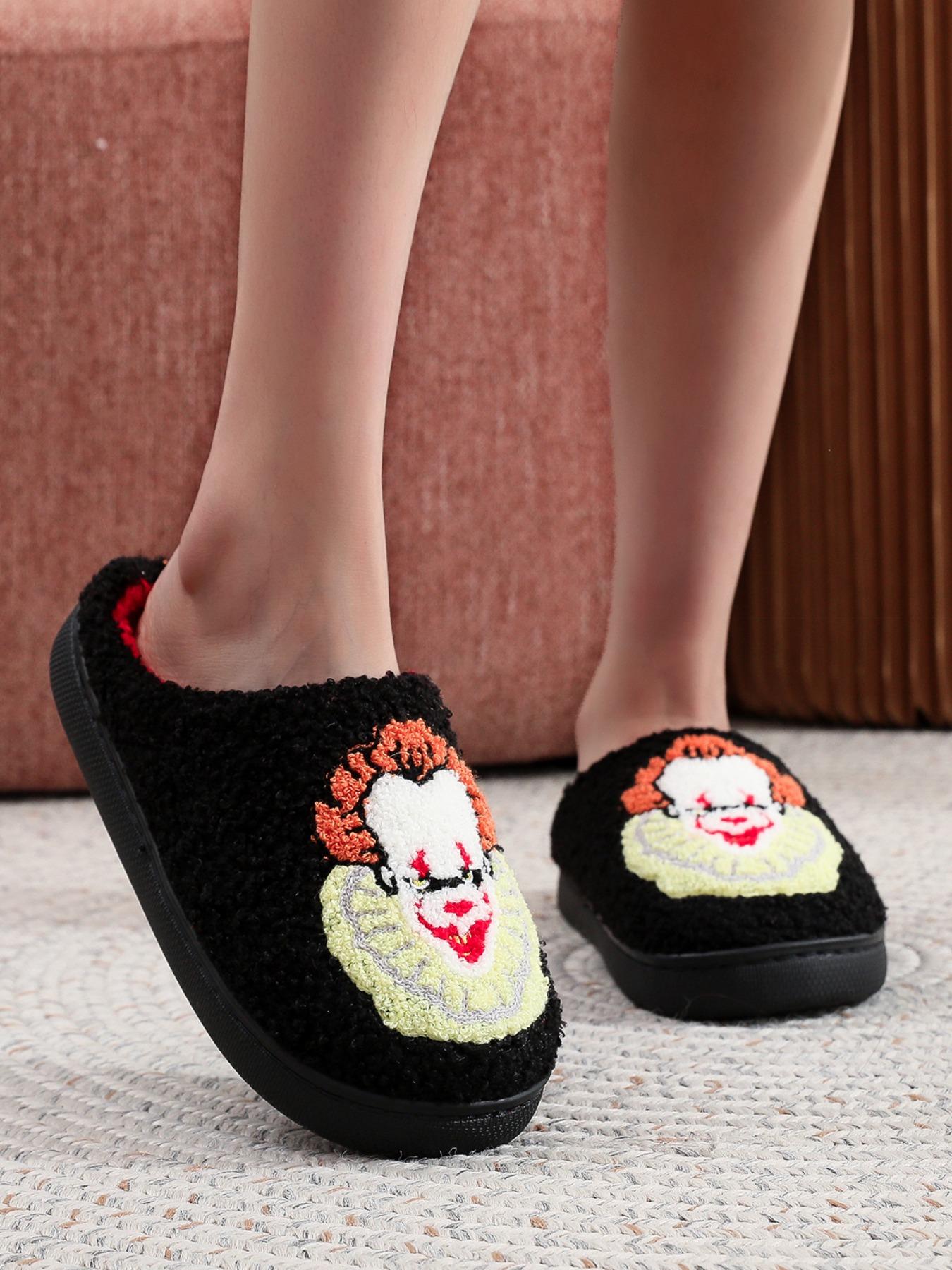 Horror Clown Embroidered Plush Slippers, Soft Comfortable Home Shoes for Men & Women, Perfect Halloween Gift, All Seasons Wear