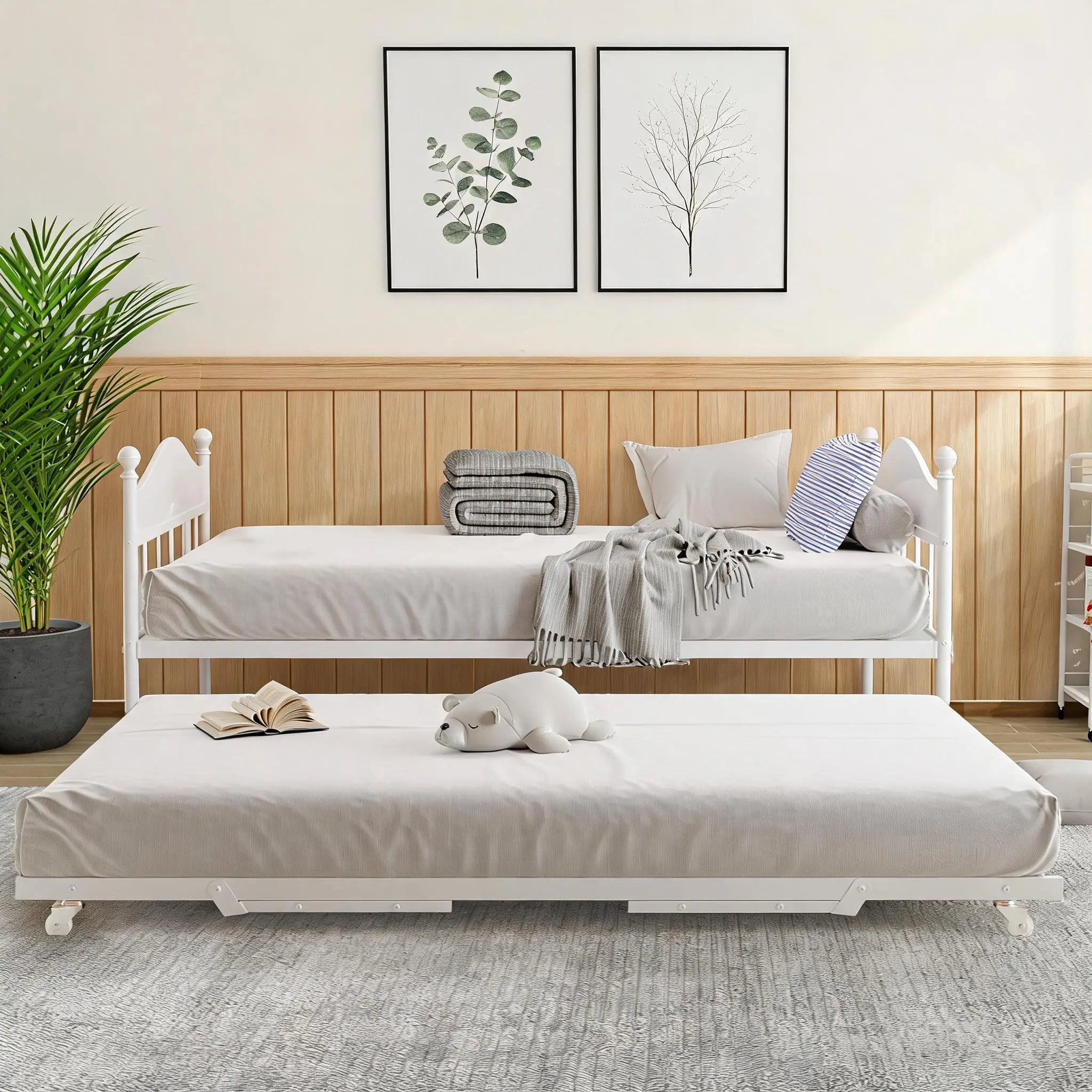 Twin Metal Daybed with Fold-Out Trundle - Adjustable Pull-Out Guest Bed, Heavy-Duty Steel Slats, No Box Spring Needed, for Bedroom/Living Room/Guest Room