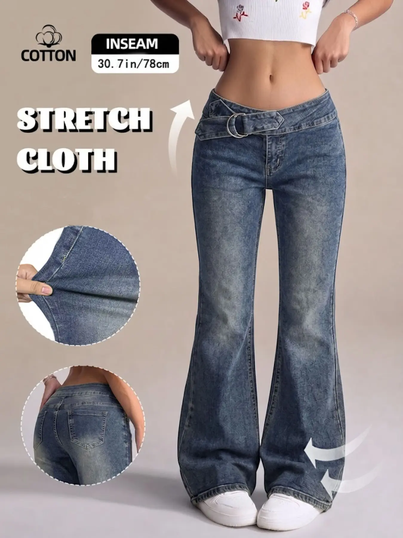 Women's Plain Basic Button Flare Leg Jeans, Slim-Fitting Denim Trousers, Casual Fashion Pockets, Long Regular Length, All Seasons Pants