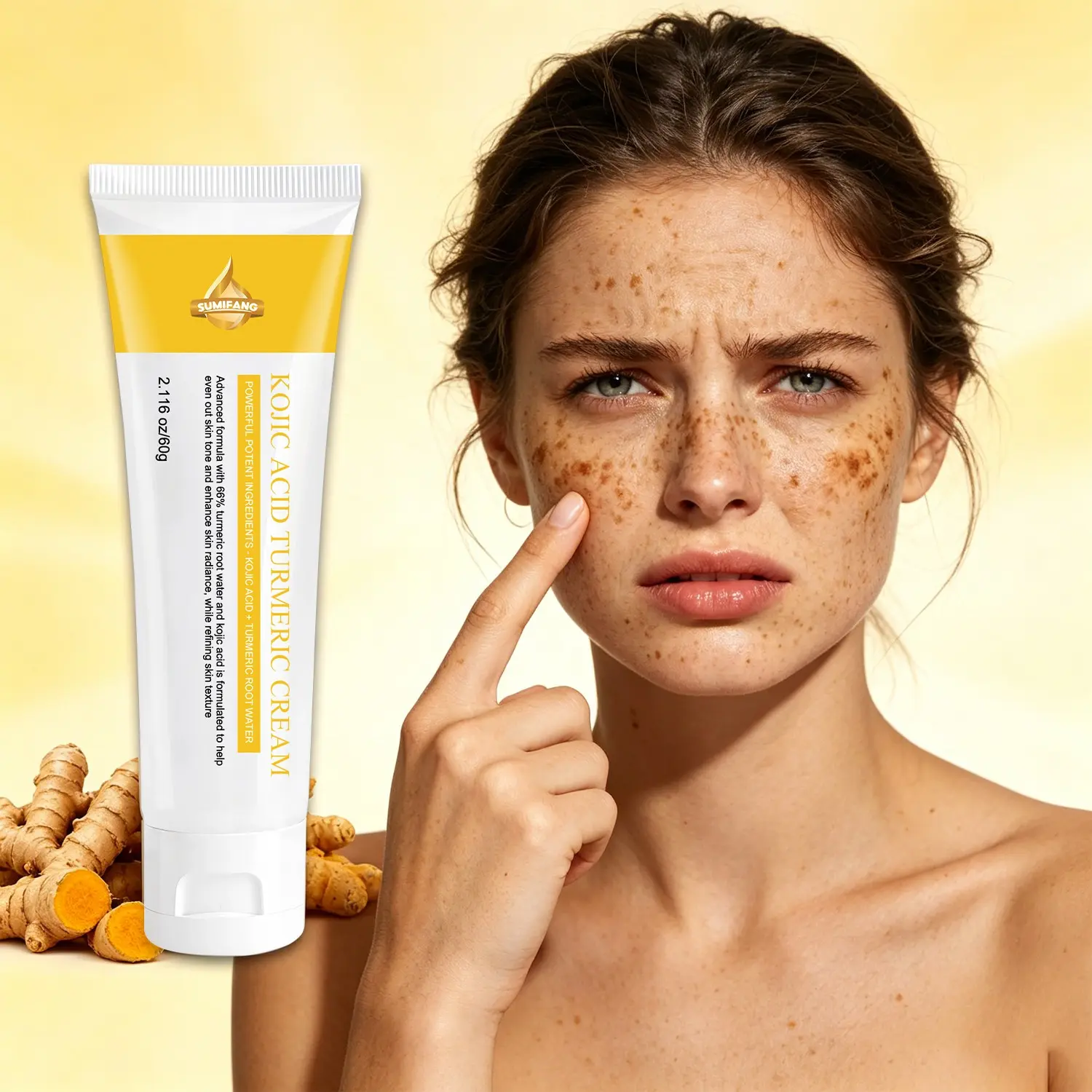 SUMIFANG Kojic Acid Turmeric Cream 60g – Evens skin tone and restores radiance. Facial moisturizer, Brightening face cream, Hydrating, suitable for both men and women, for morning and evening skincare.