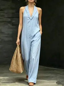 Women's Summer Beach Vacation Romper Set, Sleeveless Wide Leg Pants, Breathable Casual Travel, European and American Style, Fashion