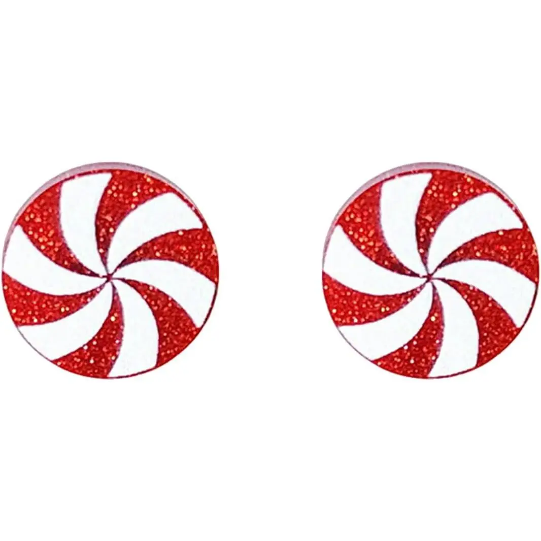 Women's Modern Nickel-Free Synthetic Glitter Peppermint Swirl Stud Earrings - Holiday Christmas Candy, Stud Shape Design