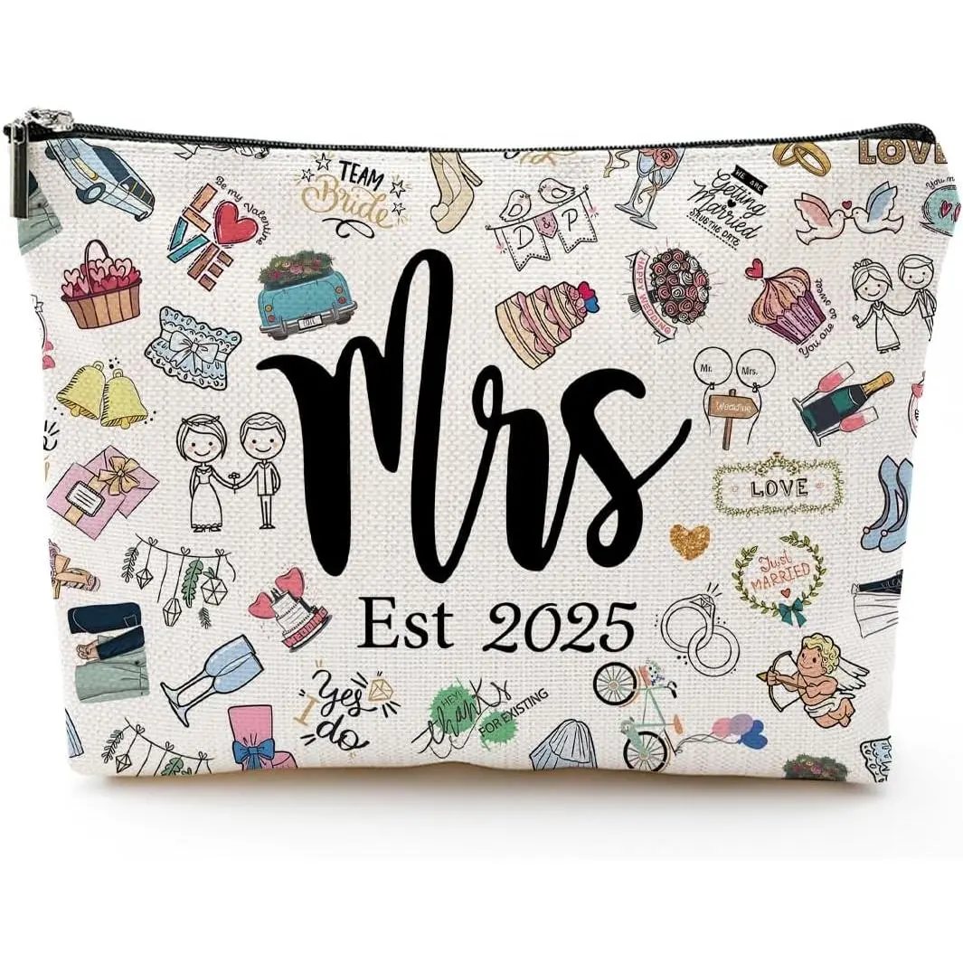 Linen Makeup Bag with Patterned Cover - Wedding Gift for Bride, Makeup Storage for 2025 LOVE Est Bachelorette Party (Sports & Outdoor Rugby Themed Accessory)