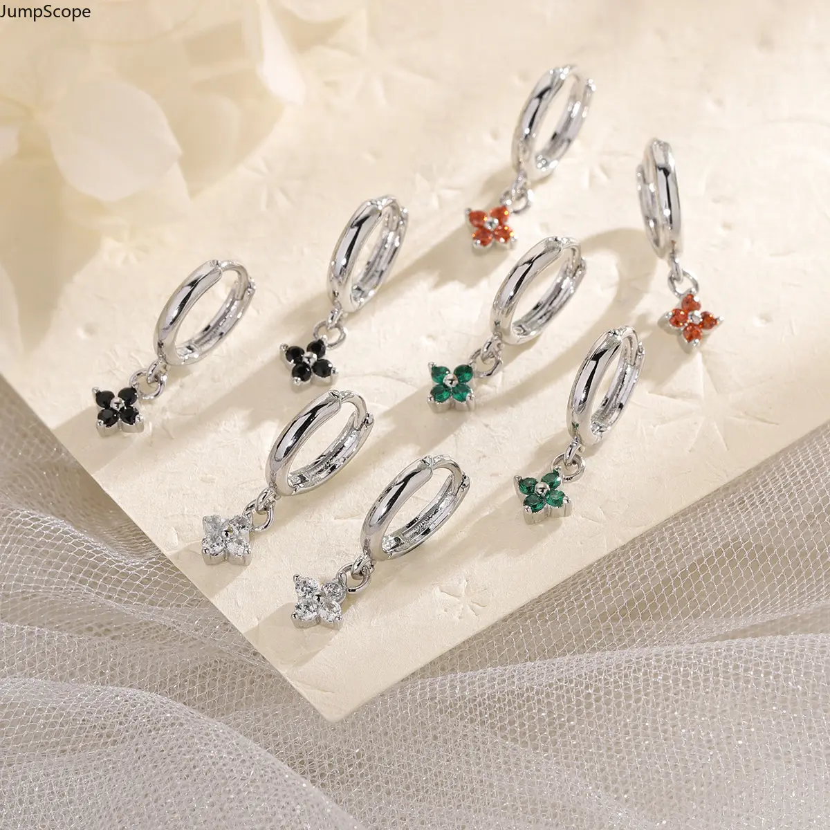 Silver Plated Four Leaf Clover Dangle Huggie Hoop Earrings For Women, 4 Color Cubic Zirconia Lucky Floral Drop Click Clasp French Sweet Stackable Ear Jewelry Birthday Gift For Her