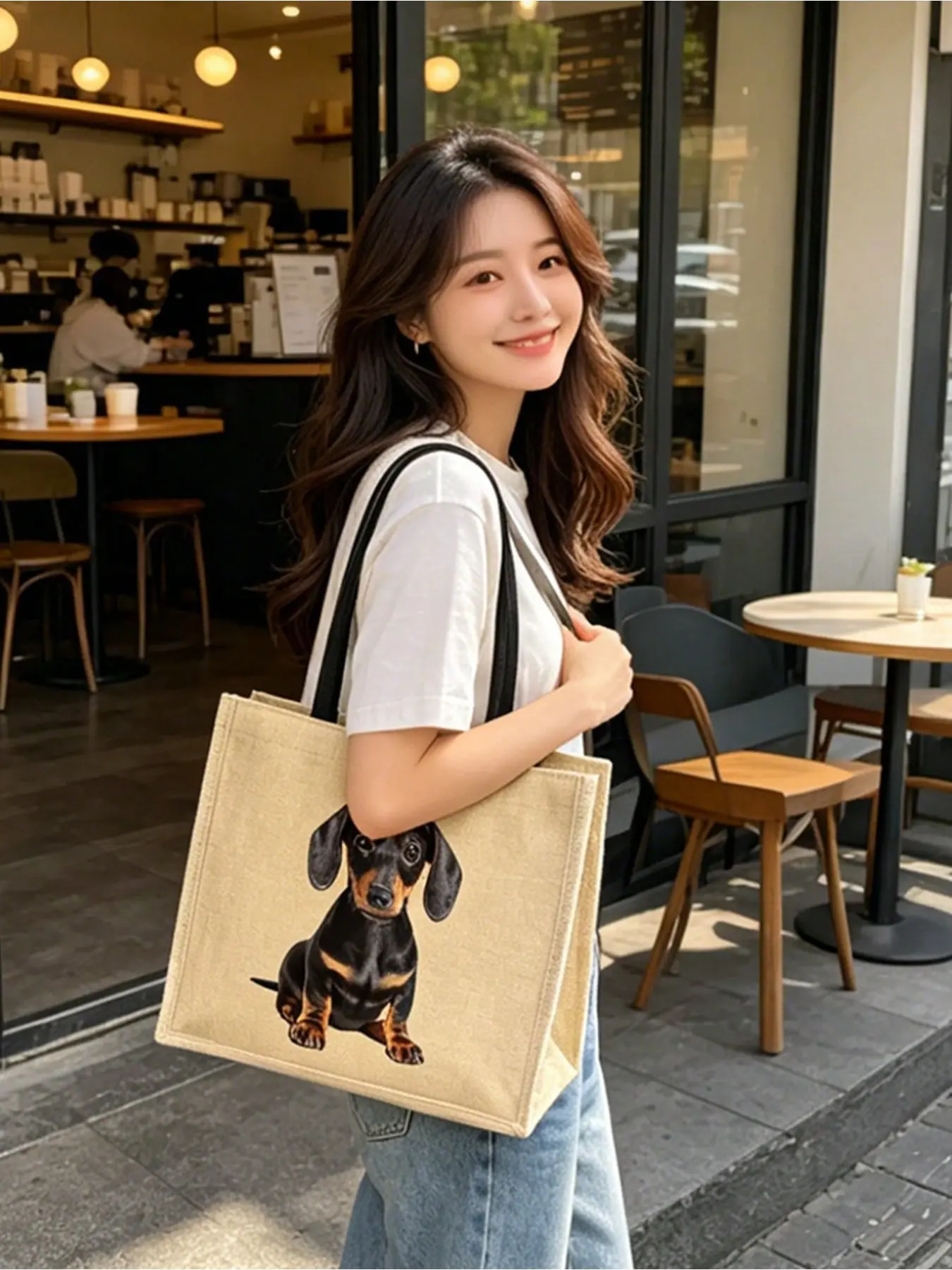 Cute Dachshund print linen tote bag with matching small pouch, linen tote bag set perfect for dog lovers, large-capacity reusable tote bag suitable for shopping, the beach, work, and everyday use