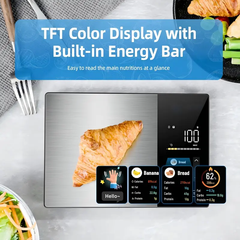 Smart Digital Kitchen Scale with  Nutrition Calculator, Free App Featuring Database of Over 999 Foods, Supports Offline Use; Calorie Weighing Scale  with Nutrition Data for 50 Kinds of Foods, Batteries Not Included