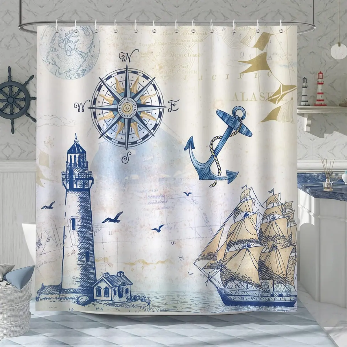 Vintage Nautical Coastal Shower Curtain - Retro Lighthouse, Compass, Anchor, Sailboat Decor for Household, Farmhouse Bathrooms, Wall-Hanging Bathroom Supply, Decoration