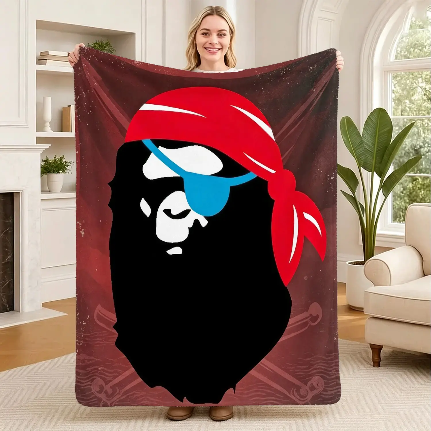 Pirate Ape Head Print Blanket, Red Bandana + Blue One-Eyed Eye Mask, Trendy Pirate Style, Soft And Fluffy Flannel Blanket, Suitable For Beds And Sofas, Ideal For Camping, Travel, Office Breaks, Lightweight, Multi-Purpose, Warm Blanket, Teen Gift Blanket